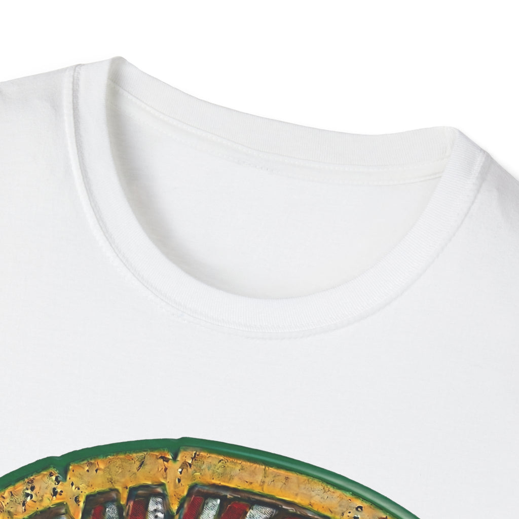 White crew-neck t-shirt, ribbed collar close-up