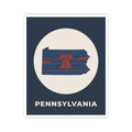 Navy rectangular sticker featuring a white circle Pennsylvania map with Liberty Bell stripes, PENNSYLVANIA