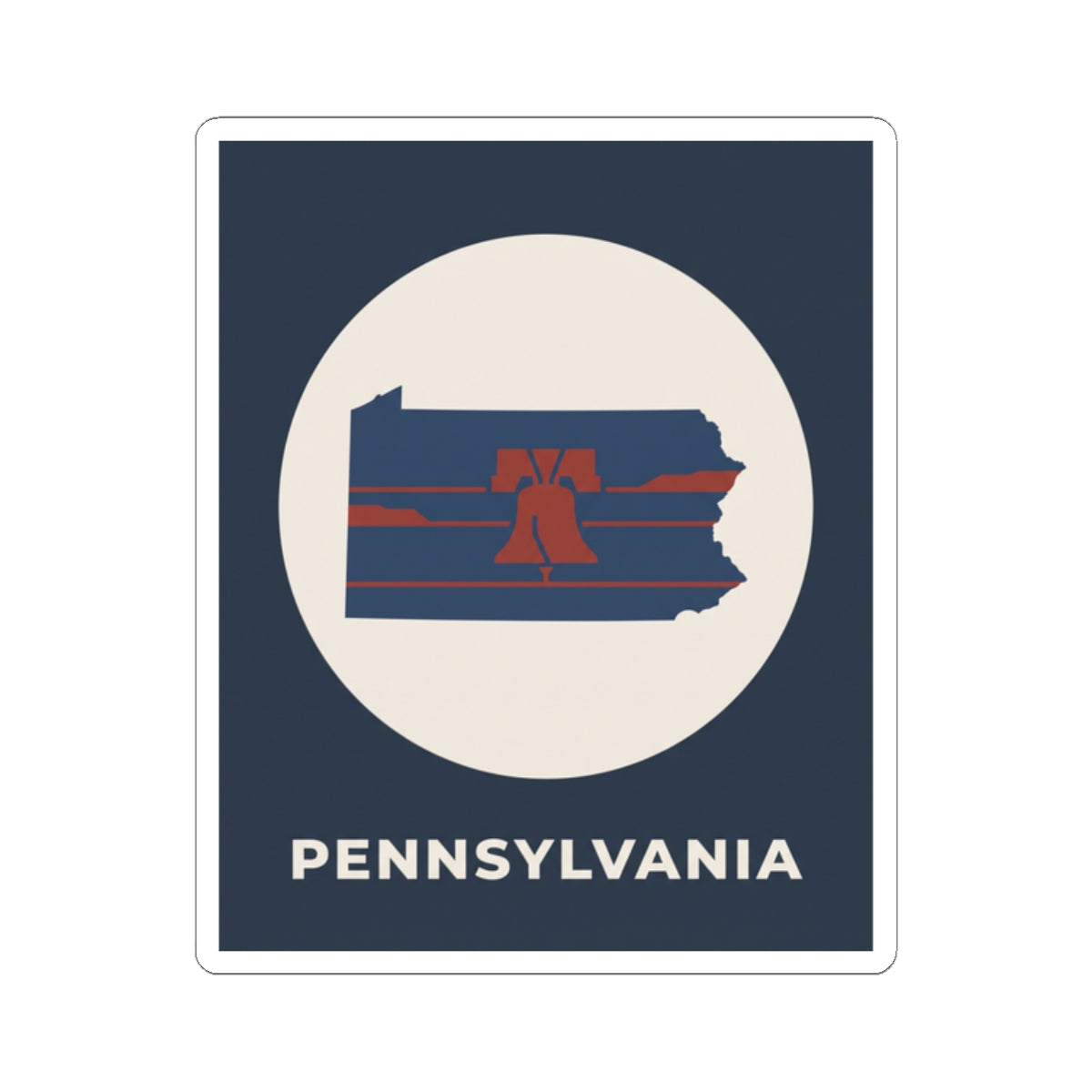 Navy rectangular sticker featuring a white circle Pennsylvania map with Liberty Bell stripes, PENNSYLVANIA