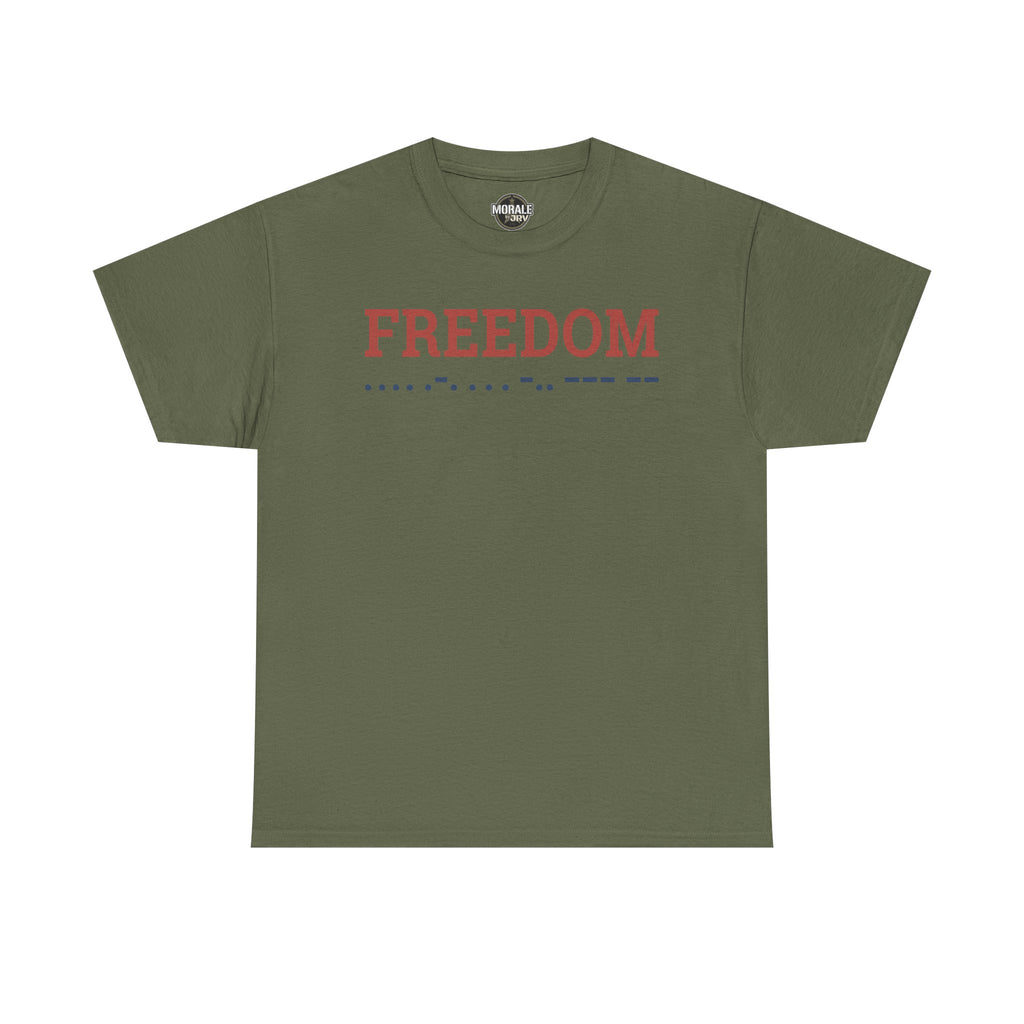 Freedom T-shirt, military green crewneck with 'FREEDOM' Morse code graphic
