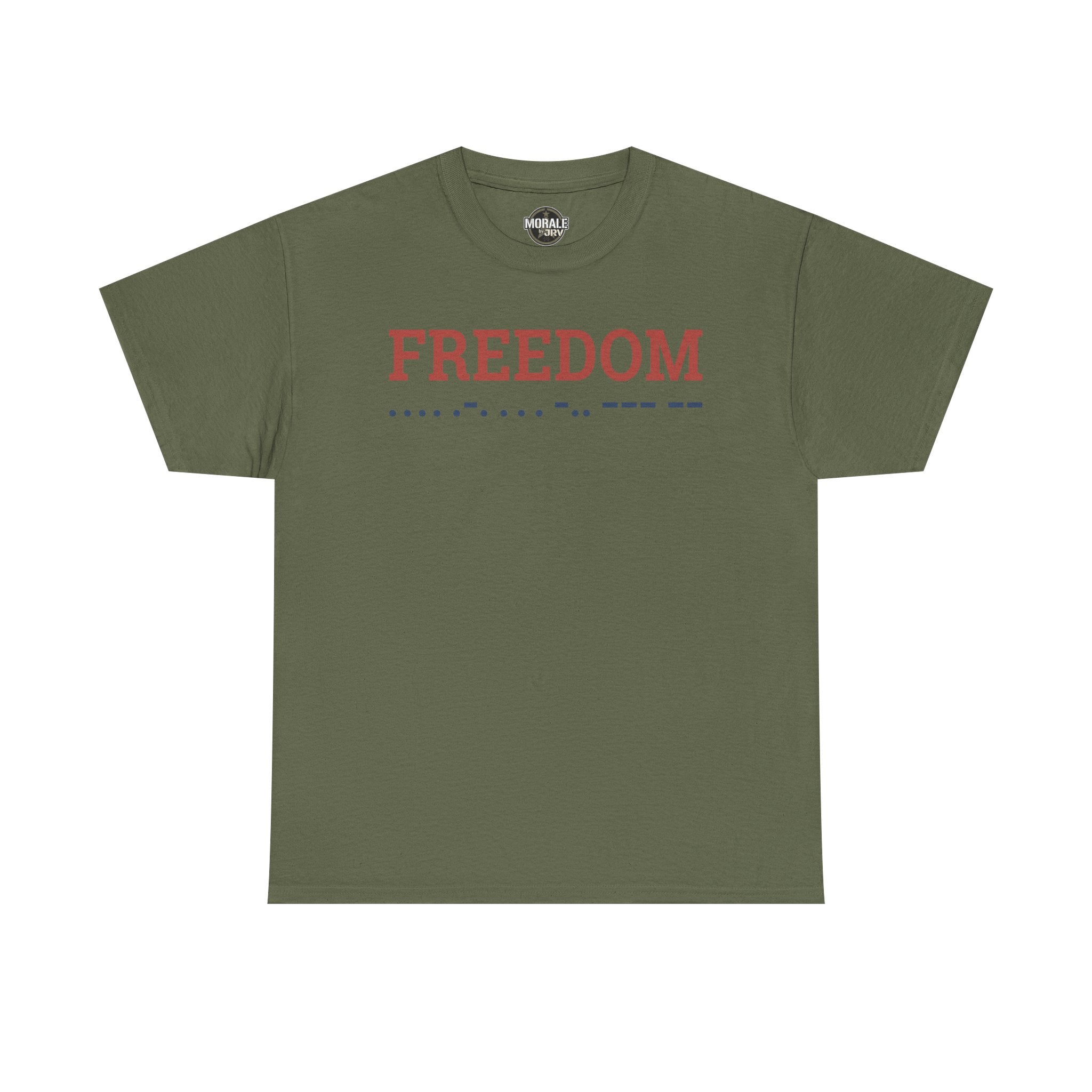 Freedom T-shirt, military green crewneck with 'FREEDOM' Morse code graphic