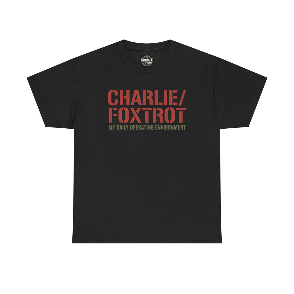 Black T-shirt with “CHARLIE/FOXTROT” slogan and “MY DAILY OPERATING ENVIRONMENT” print