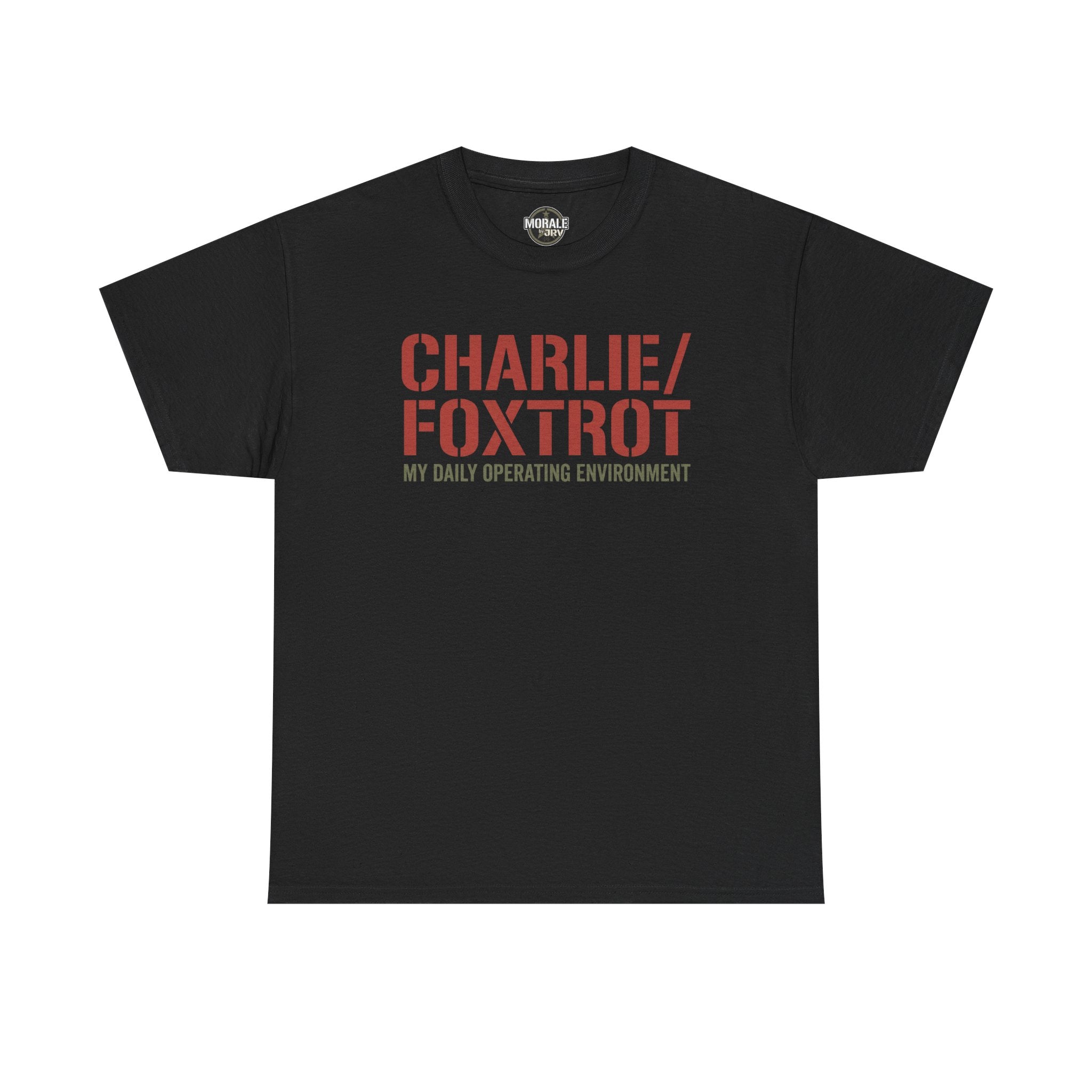 Black T-shirt with “CHARLIE/FOXTROT” slogan and “MY DAILY OPERATING ENVIRONMENT” print