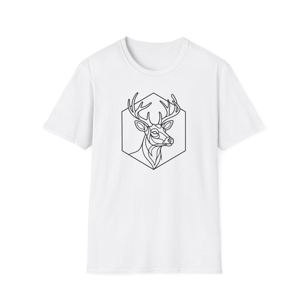 White deer head line art graphic T-shirt with antlers inside hexagon