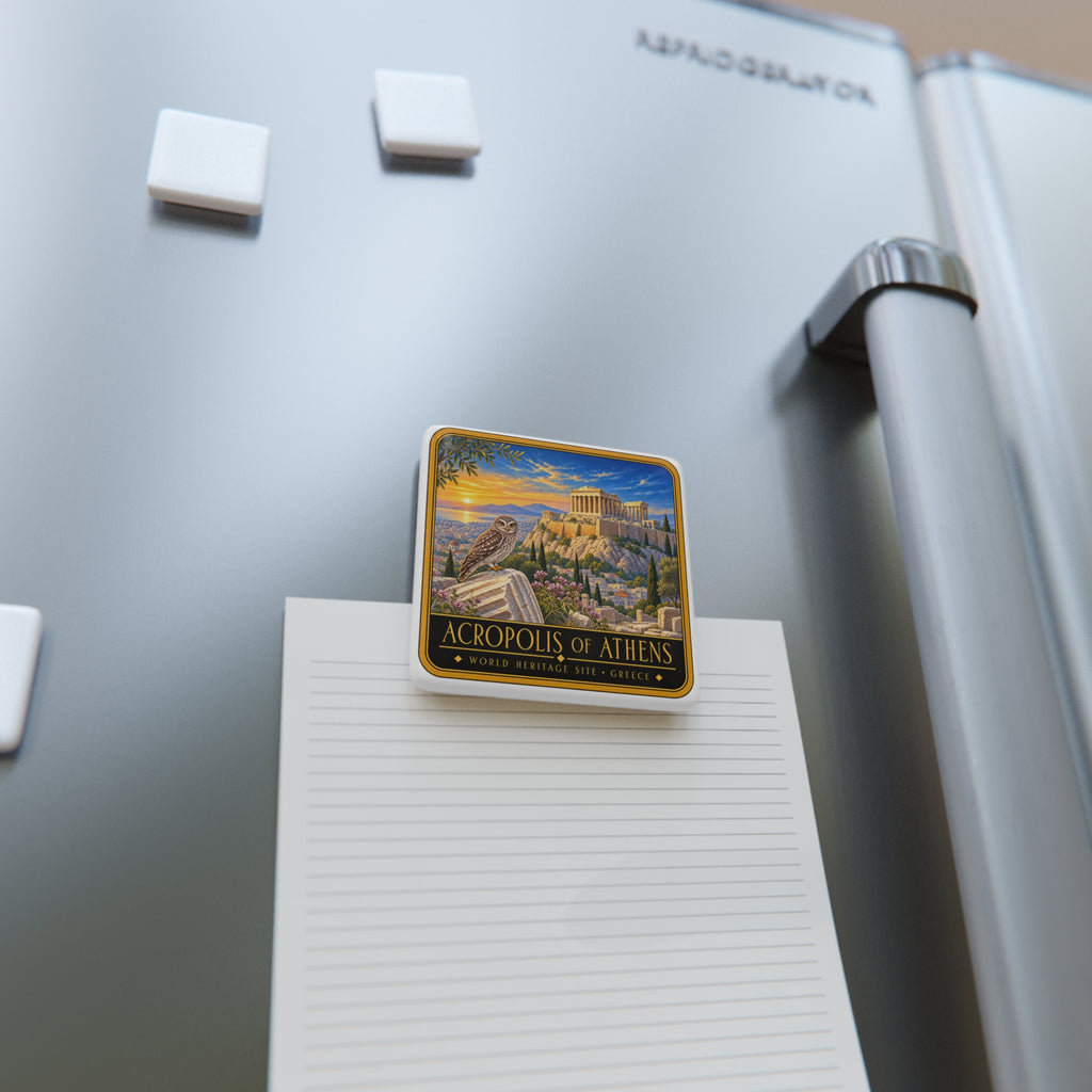 Square white porcelain magnet with Acropolis illustration attached to a clipboard