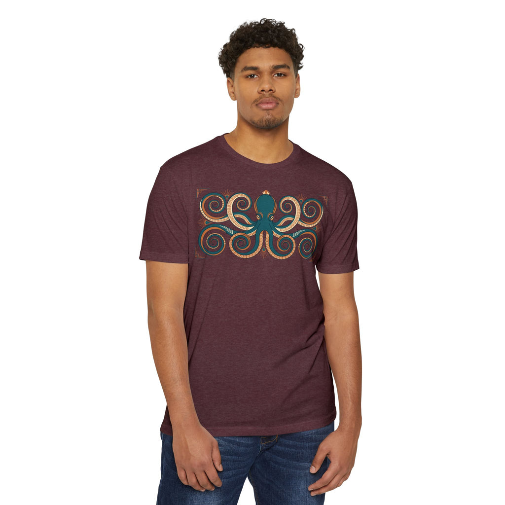 Octopus graphic tee, maroon, front view with teal tentacle swirl artwork