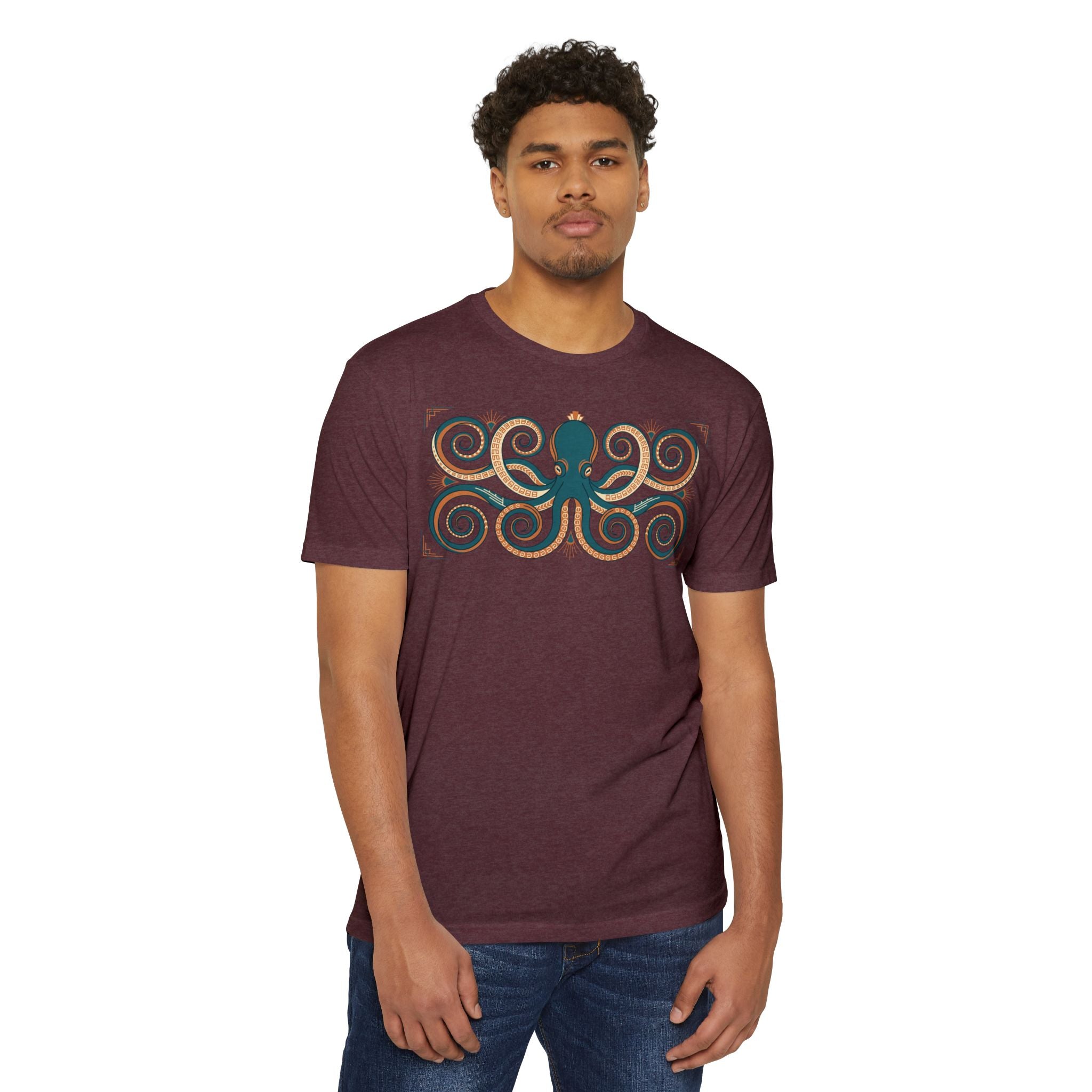Octopus graphic tee, maroon, front view with teal tentacle swirl artwork