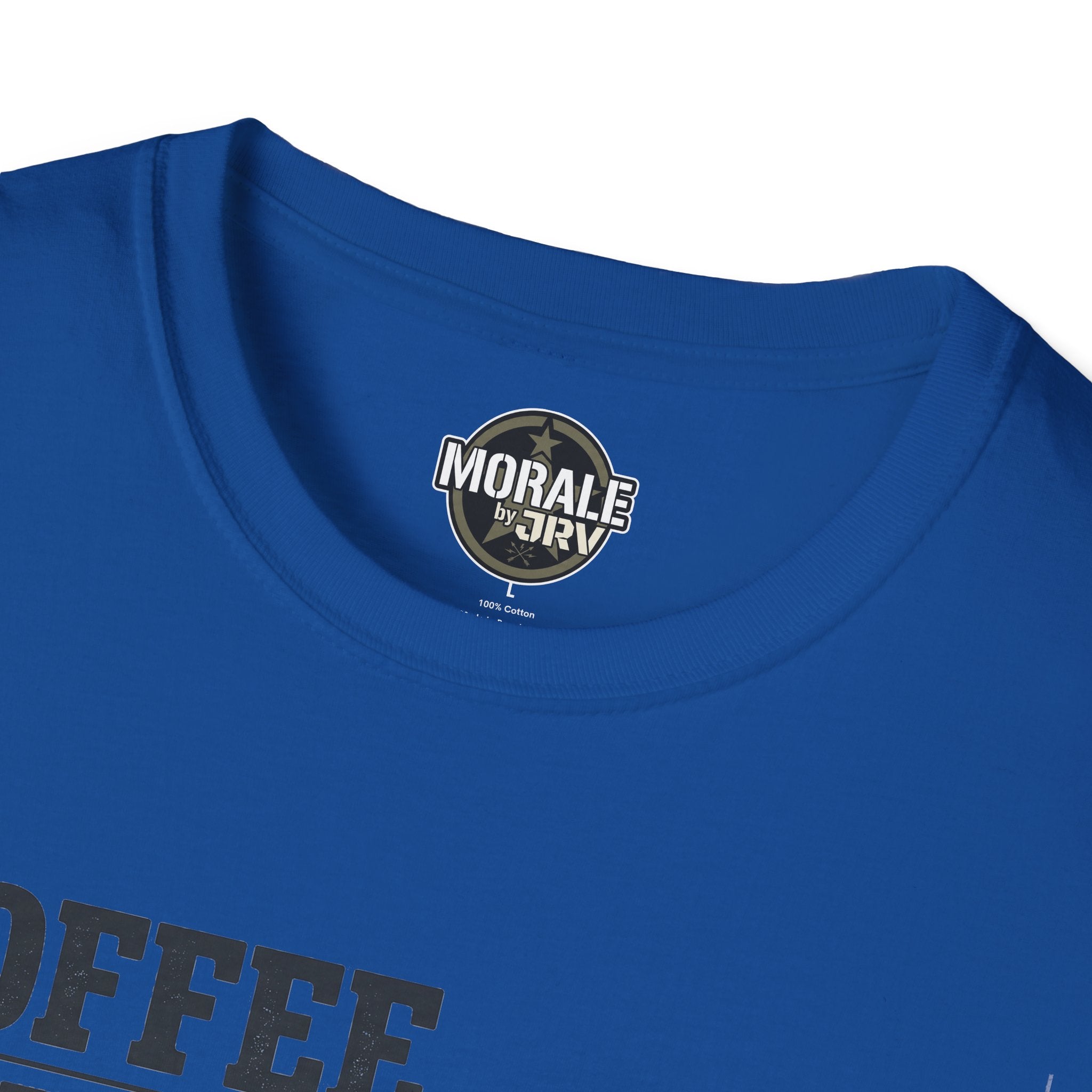 Royal blue T-shirt with “Morale by Juri” neck logo