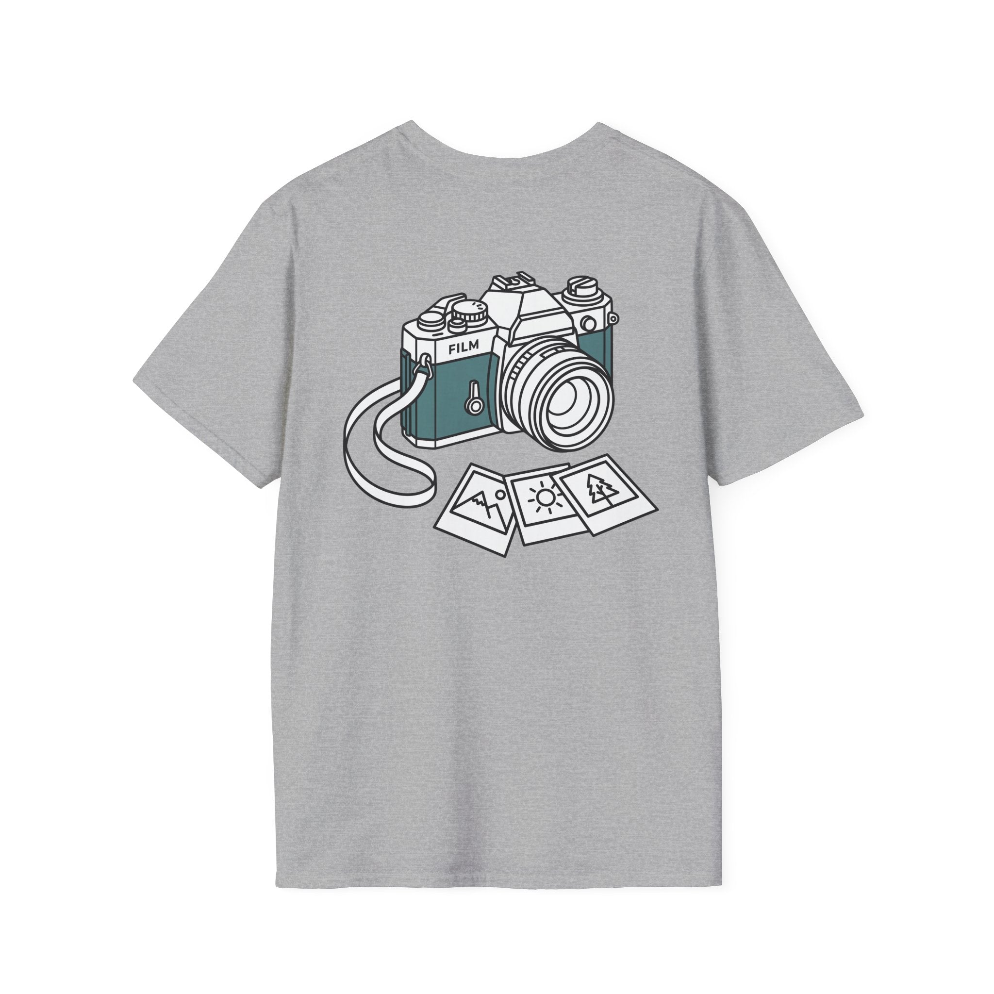 Sport grey T-shirt with vintage film camera graphic and photo prints on front