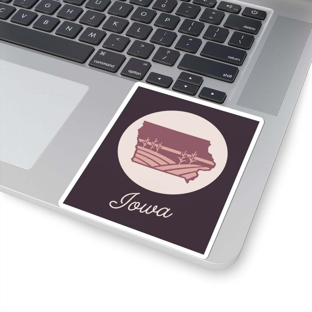 Iowa state outline mauve kiss-cut decal showing “Iowa” script, pale circle, square sticker frame