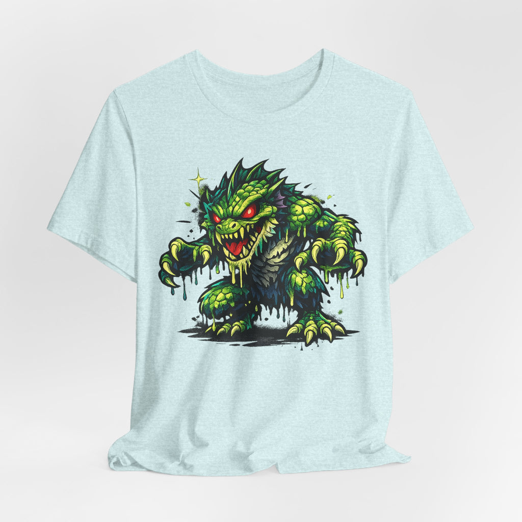 Light blue monster illustration graphic t-shirt, short-sleeve crew neck with green creature