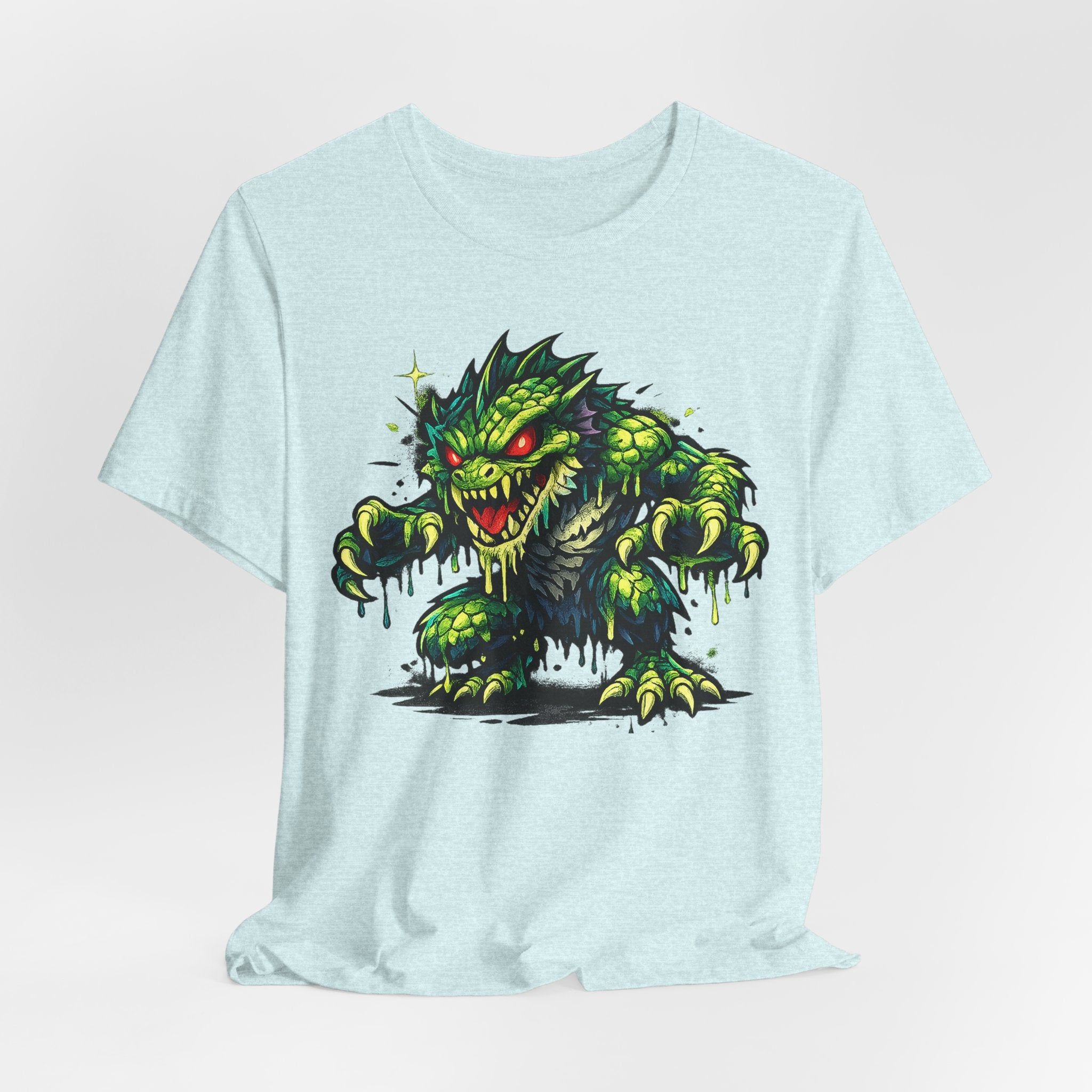 Light blue monster illustration graphic t-shirt, short-sleeve crew neck with green creature
