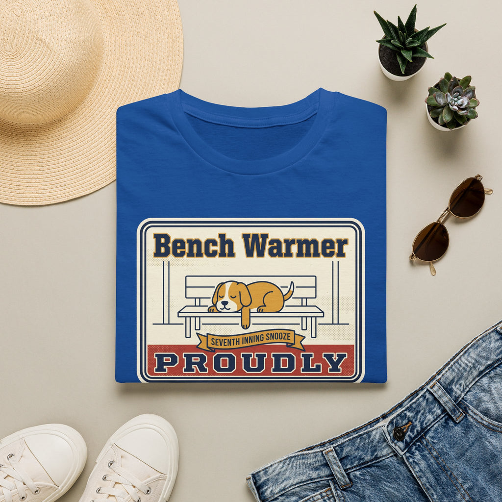Blue crew-neck T-shirt with Bench Warmer dog graphic on the chest