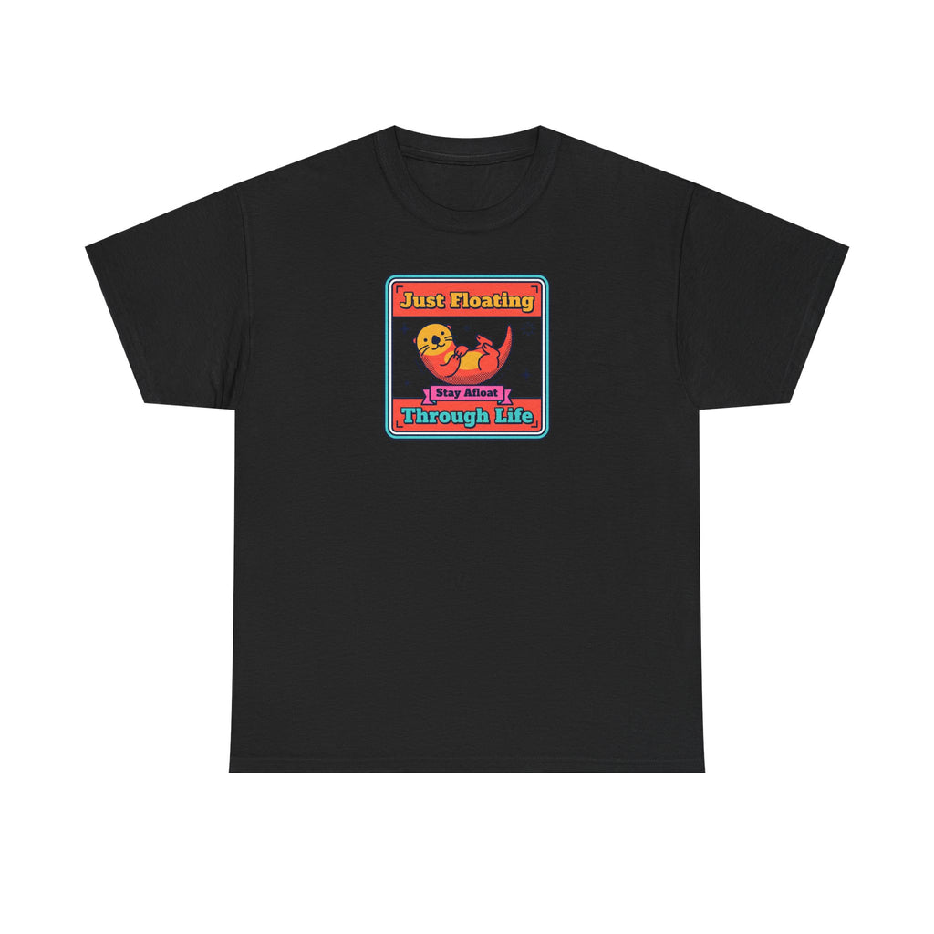 Black crewneck T-shirt with framed otter graphic and text on chest