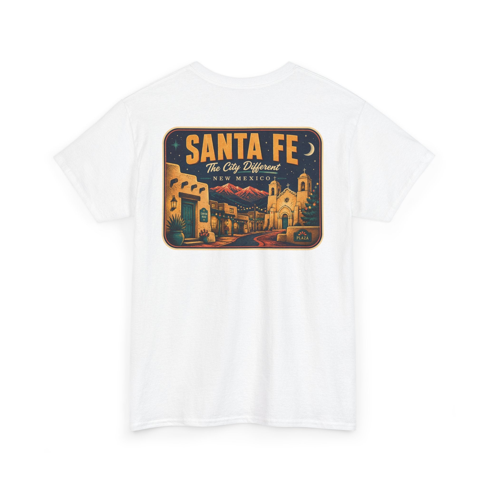 White T-shirt with Santa Fe vintage luggage tag graphic on chest