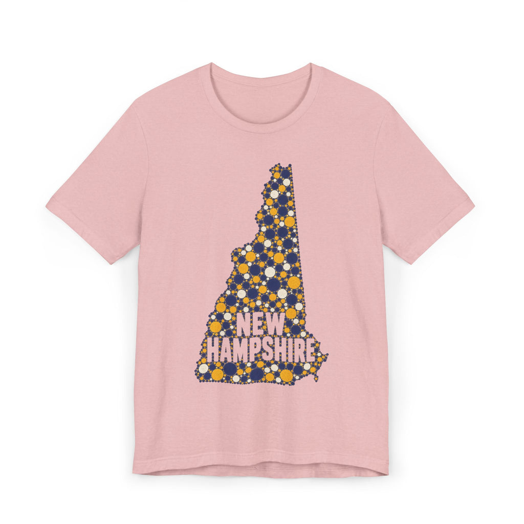 Pink New Hampshire graphic T-shirt with floral dotted state outline and “NEW HAMPSHIRE” text