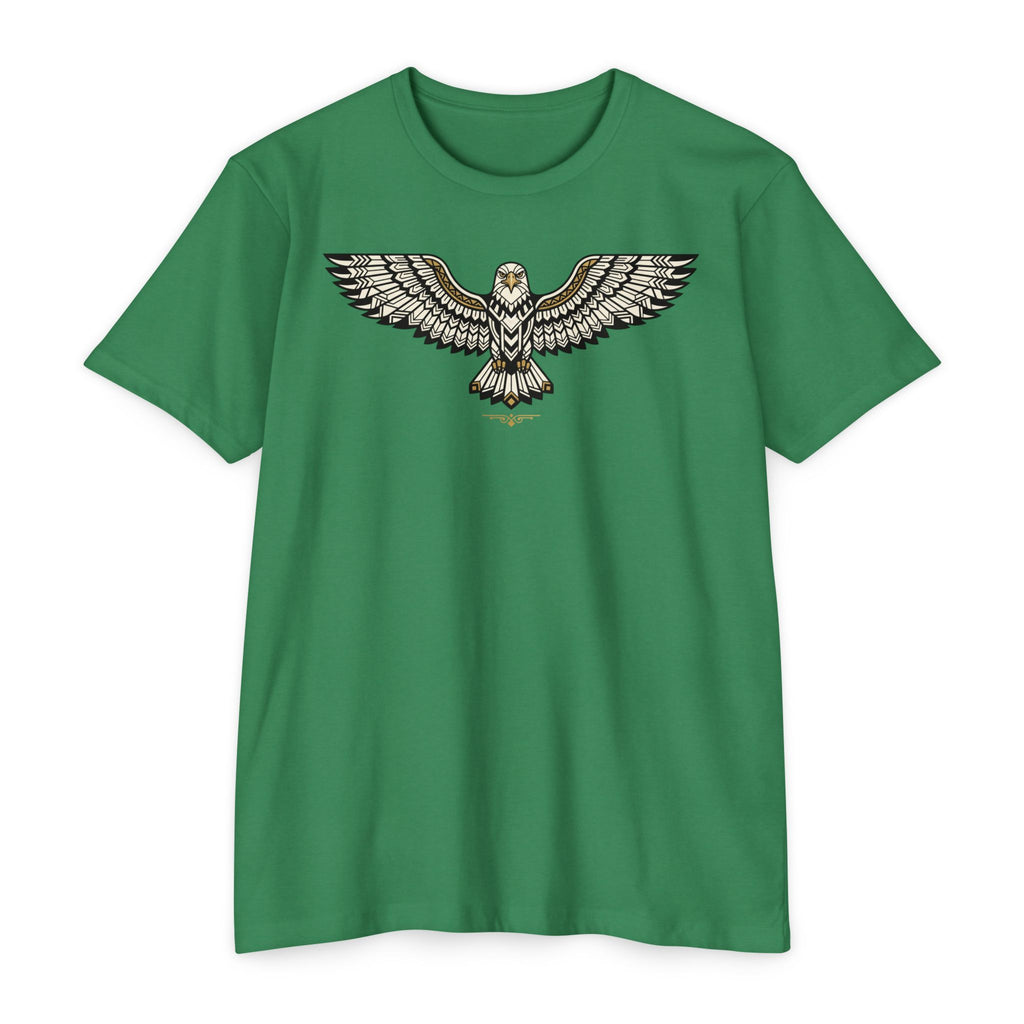 Green T-shirt with centered owl wing illustration graphic across the chest