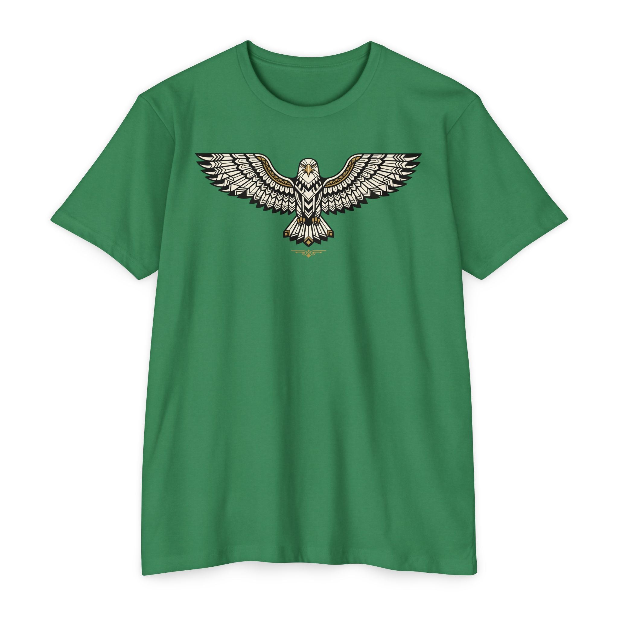 Green T-shirt with centered owl wing illustration graphic across the chest