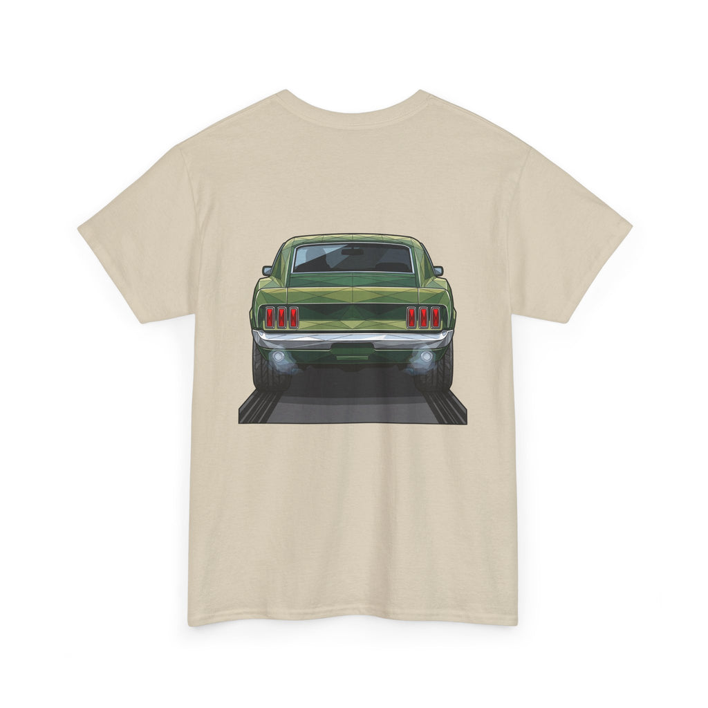 Sand muscle car graphic T-shirt with front view illustration on back