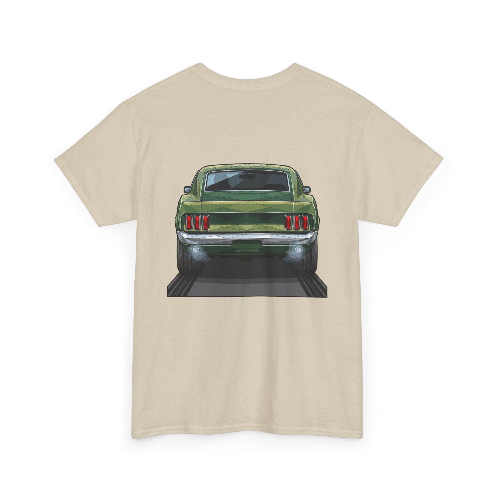 Sand muscle car graphic T-shirt with front view illustration on back