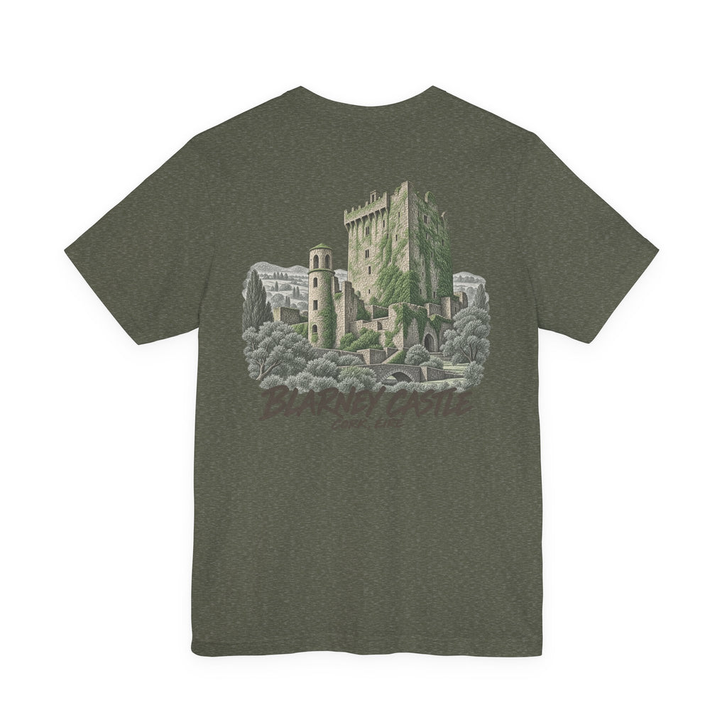 Dark heather T-shirt with large castle graphic and vintage-style text on the back.