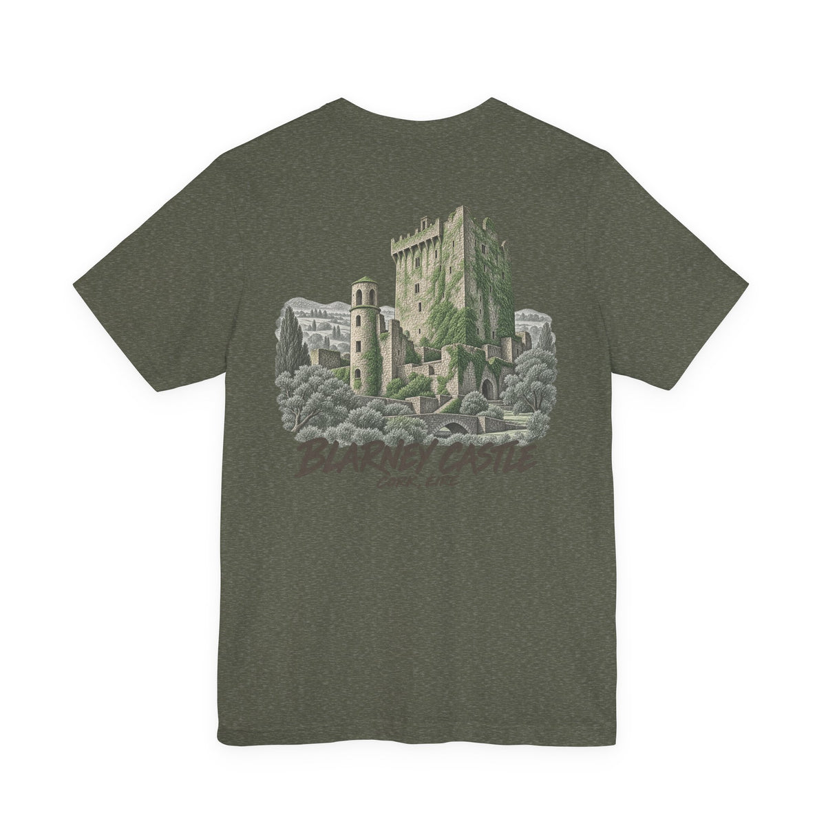 Dark heather T-shirt with large castle graphic and vintage-style text on the back.