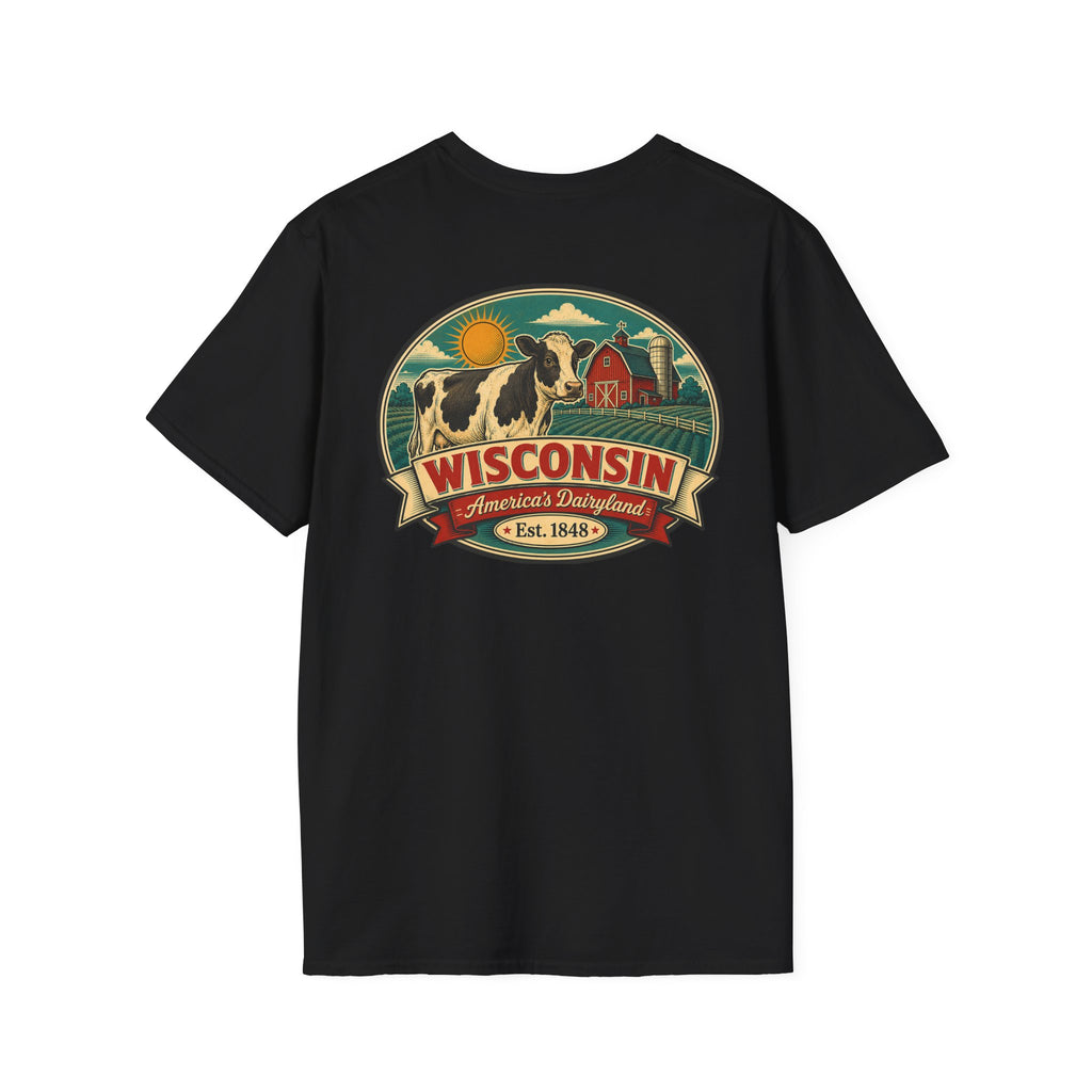 Black Wisconsin graphic t-shirt with crest logo and cow illustration.
