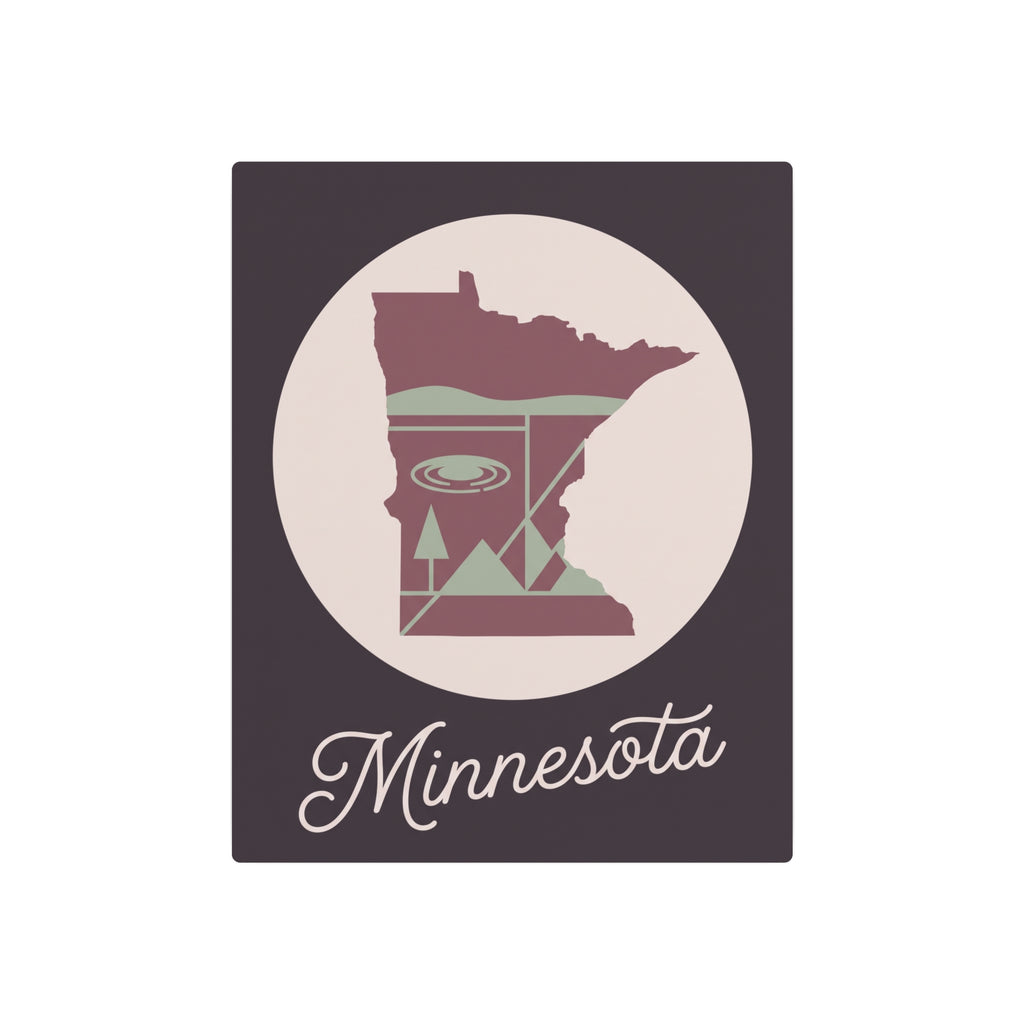 Minnesota metal wall art sign, dark square with circular state silhouette and pink-and-sage “Minnesota” script.