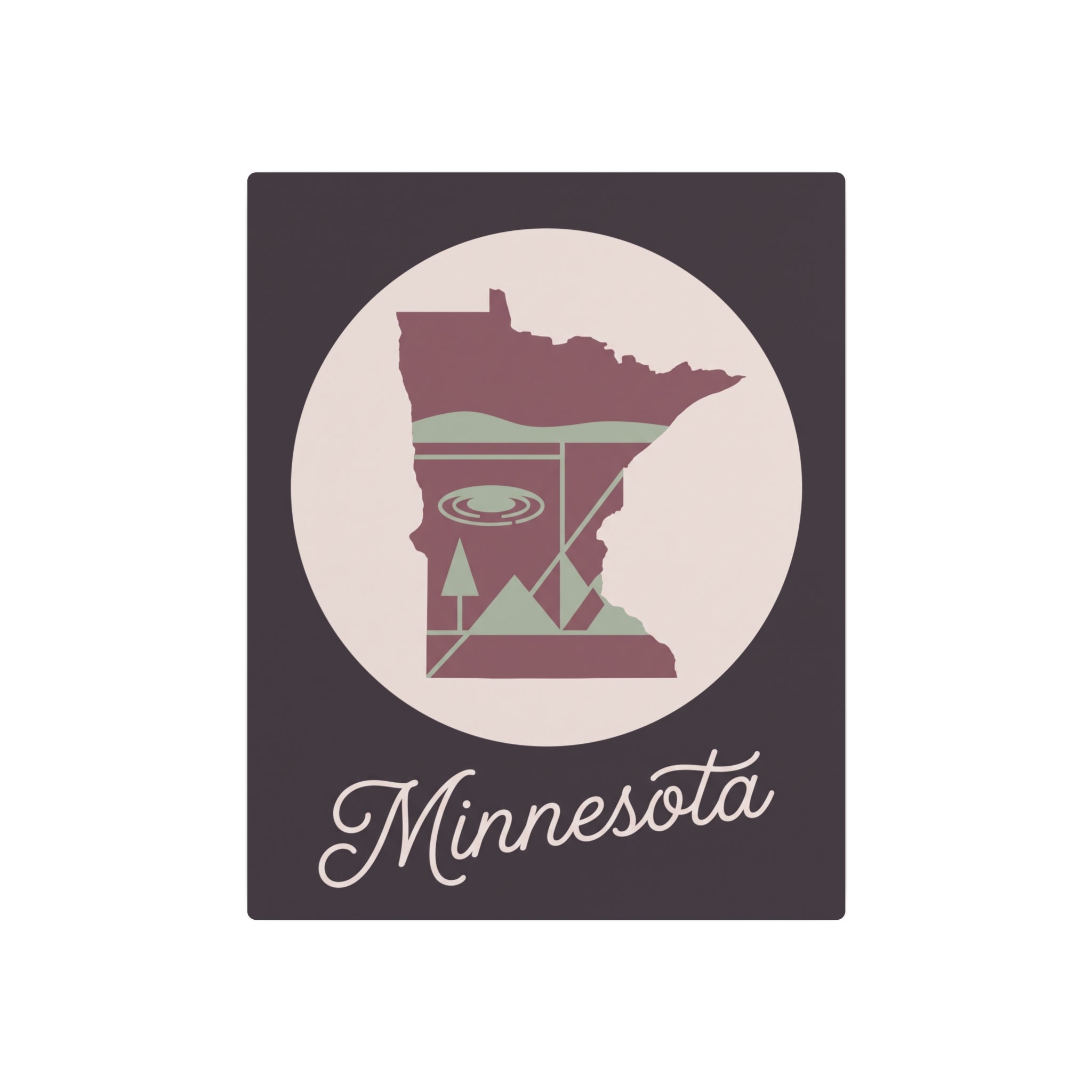 Minnesota metal wall art sign, dark square with circular state silhouette and pink-and-sage “Minnesota” script.