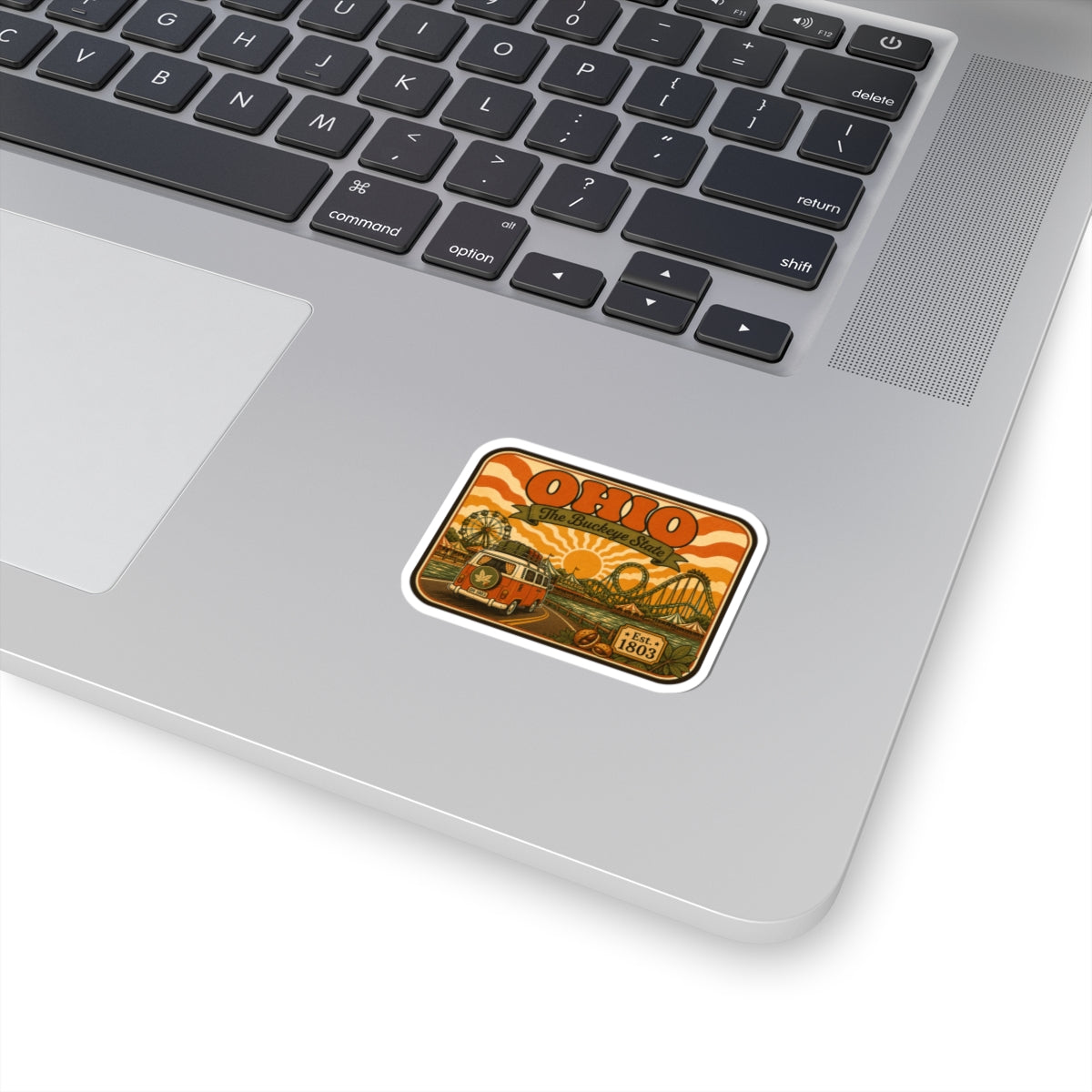 Ohio themed retro camper sticker with orange Ferris wheel and roller coaster graphics