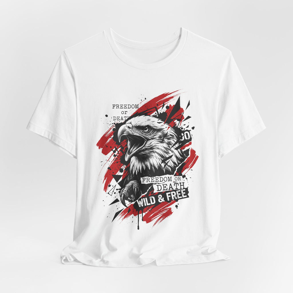 White crewneck T-shirt with red and black bald eagle graphic