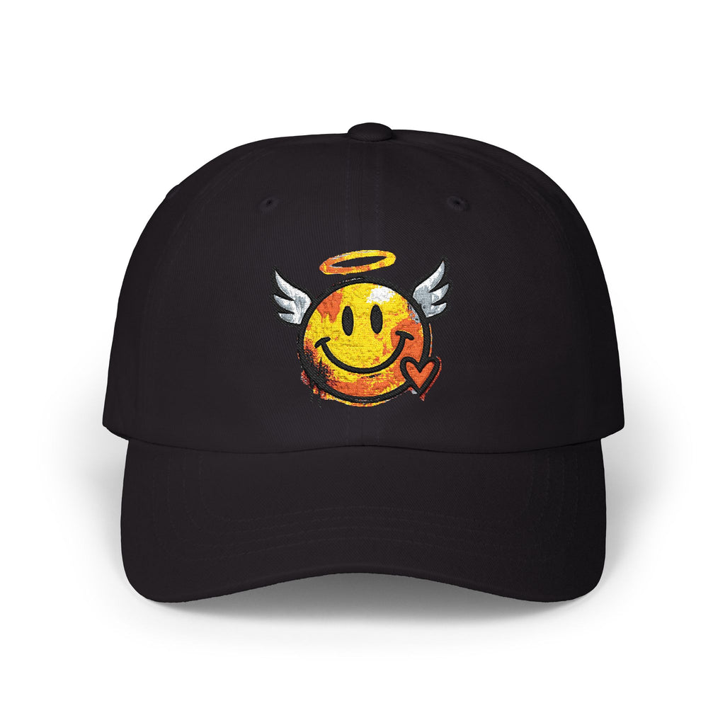 Black dad cap with embroidered winged smiley and halo on the front