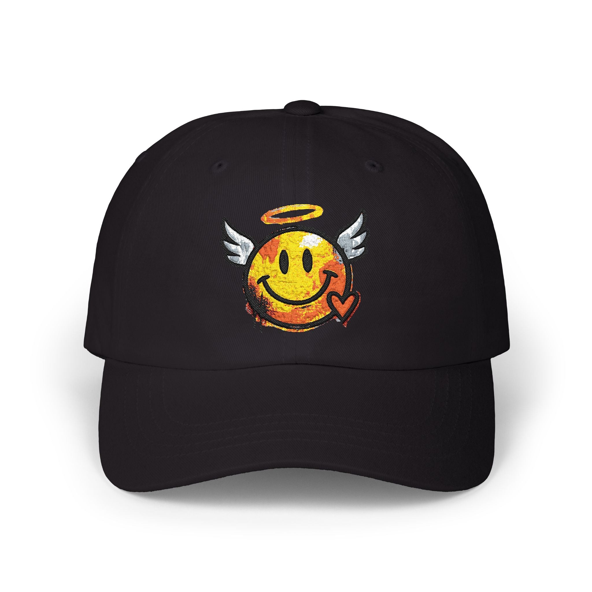 Black dad cap with embroidered winged smiley and halo on the front