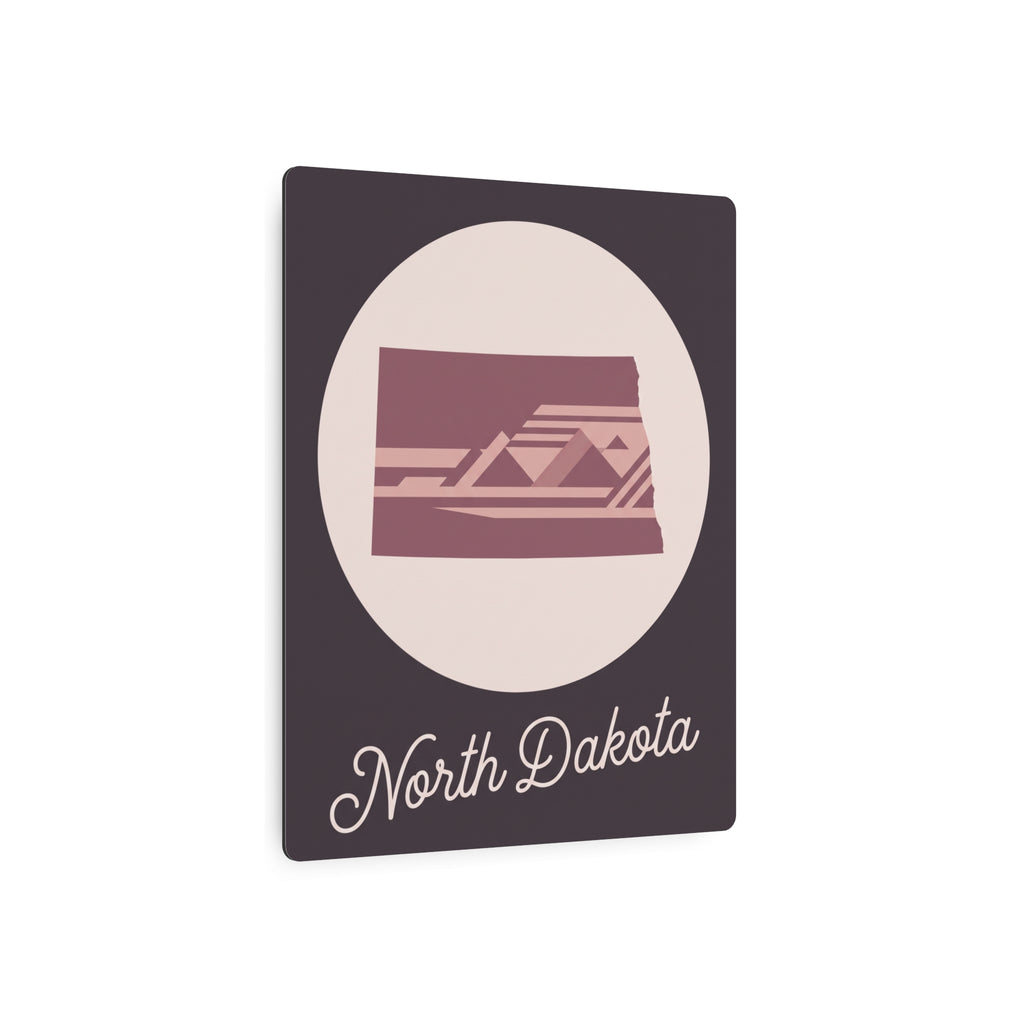 North Dakota metal wall art sign with oval emblem, mauve state graphic and cursive name