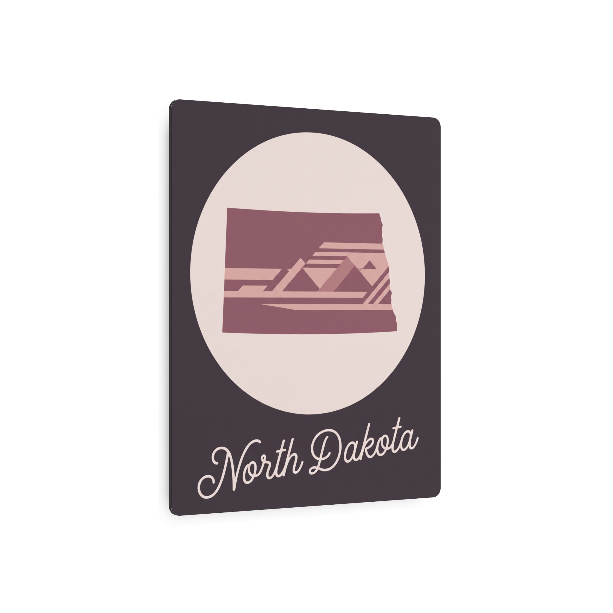 North Dakota metal wall art sign with oval emblem, mauve state graphic and cursive name