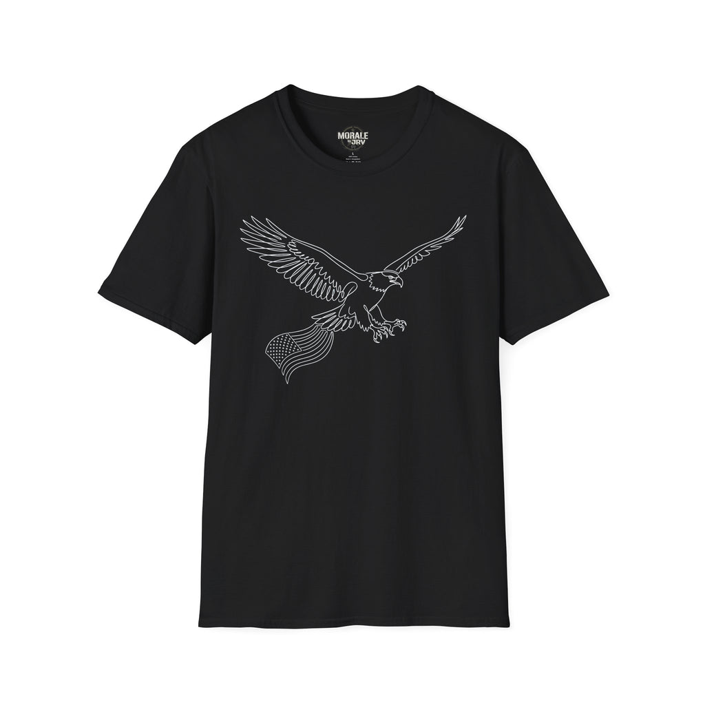 Black t-shirt with minimalist soaring eagle line-art outline graphic on front.