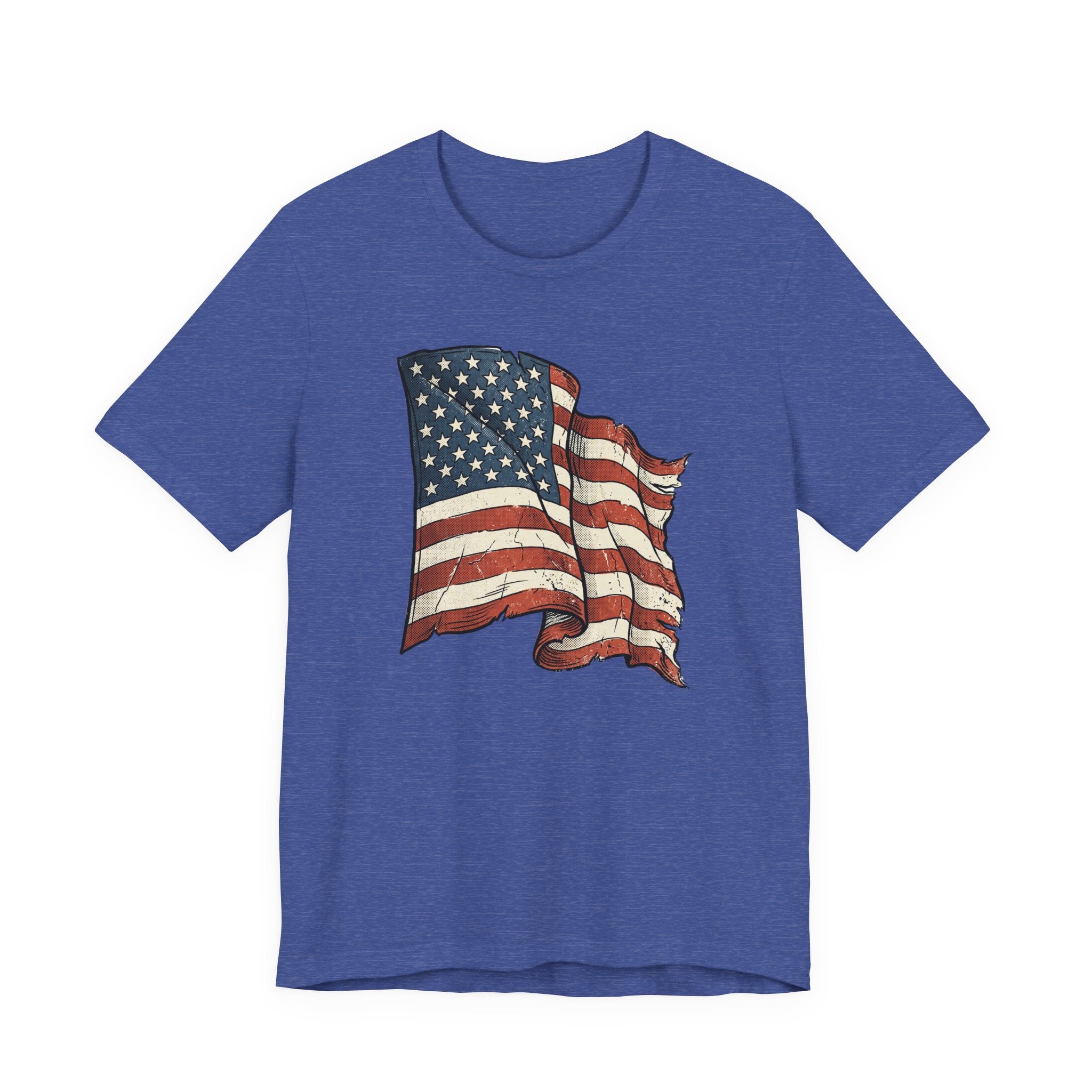 Blue crew-neck T-shirt with distressed waving American flag graphic
