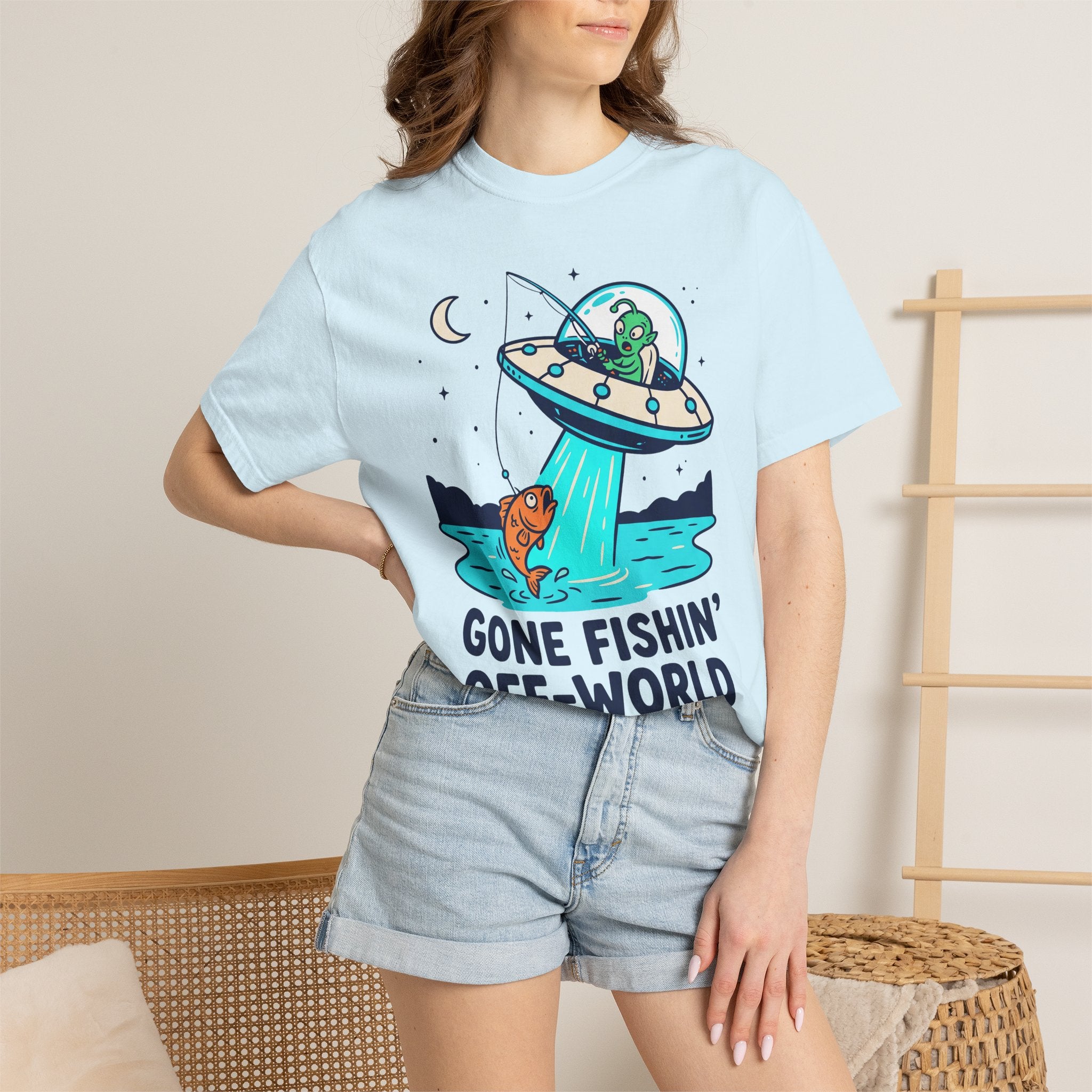 Light blue crewneck t-shirt with alien fishing saucer and “GONE FISHIN’” print