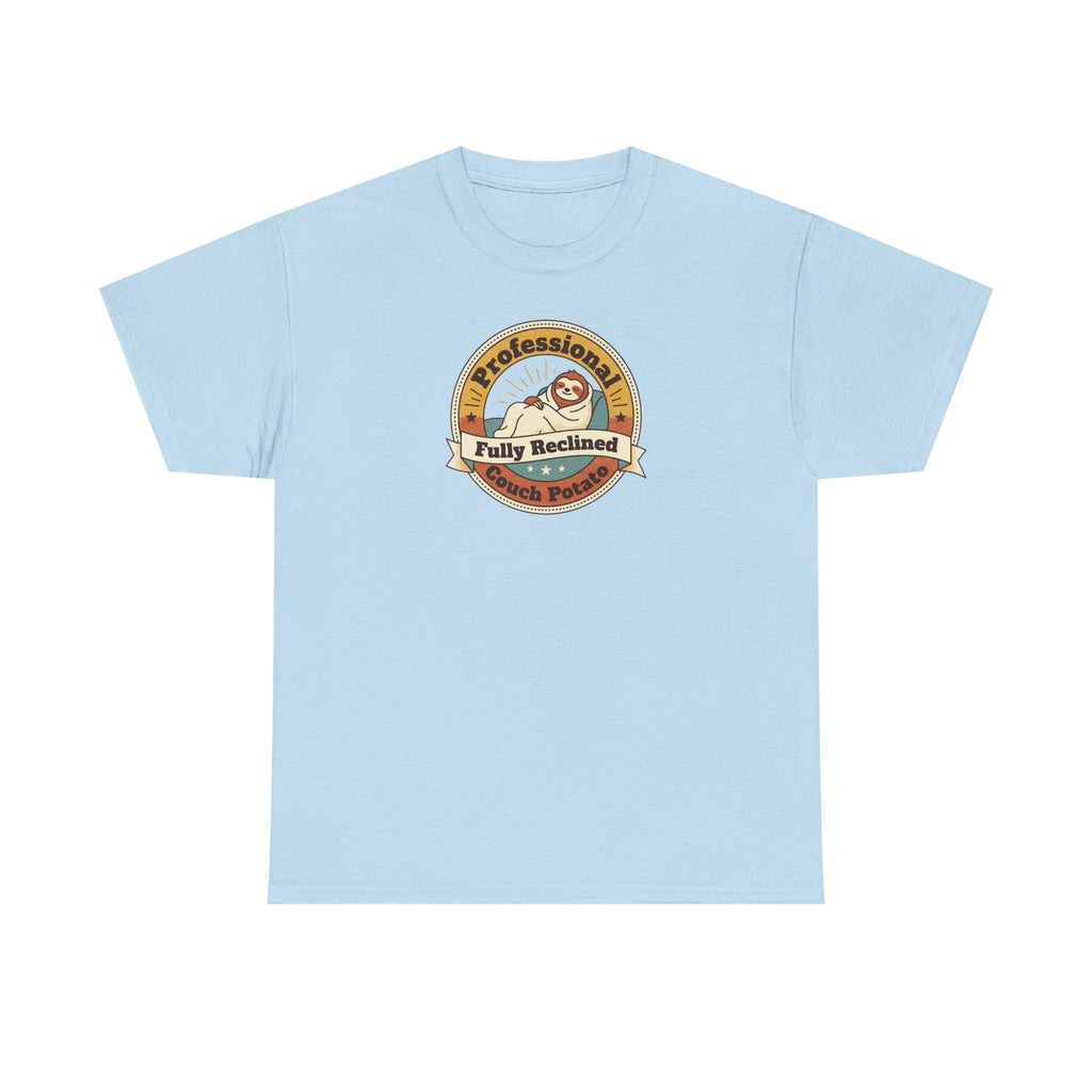 Light blue T-shirt with circular sloth logo graphic on chest.