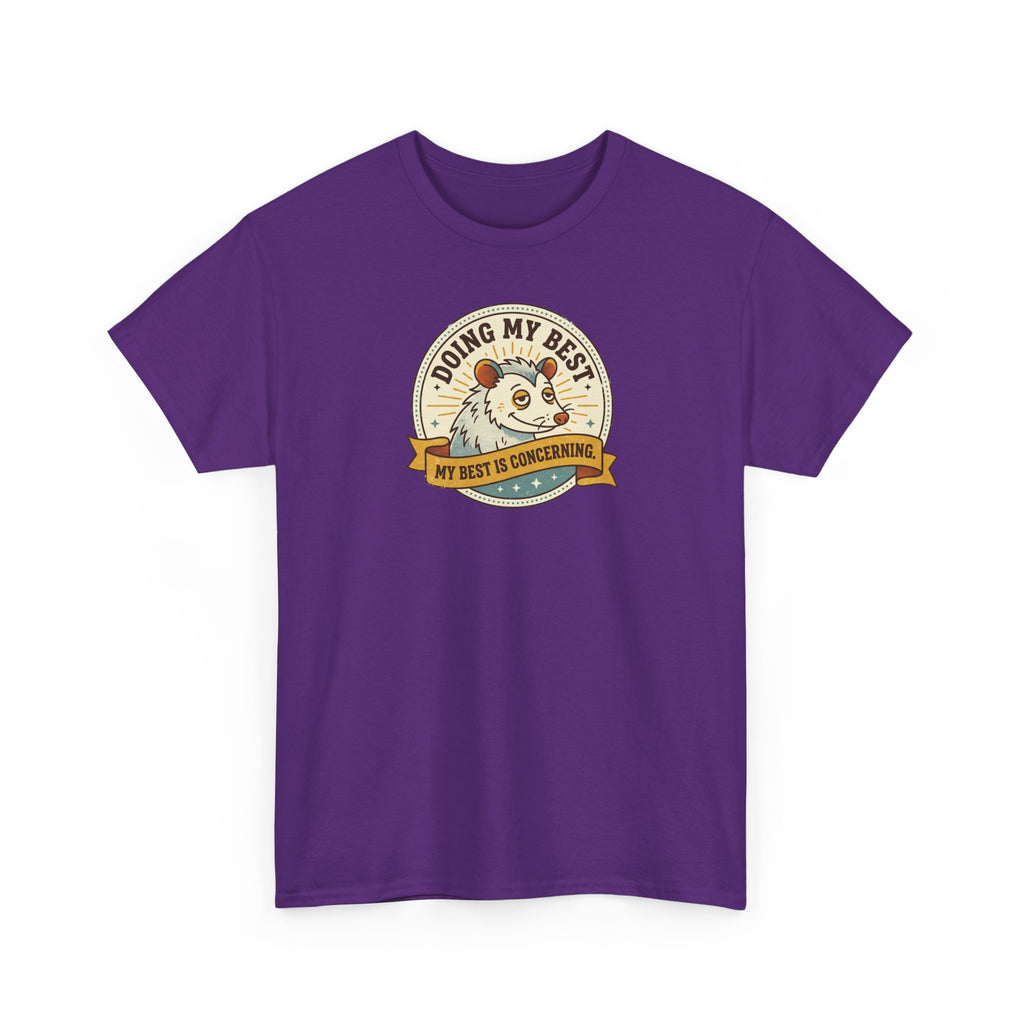 Purple crewneck t-shirt with sloth 'Doing My Best' round graphic on front.