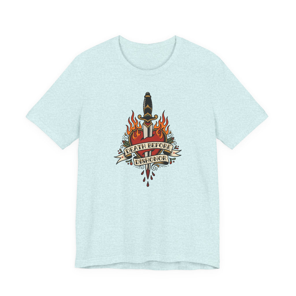 Light blue crewneck T-shirt with flame dagger graphic on front