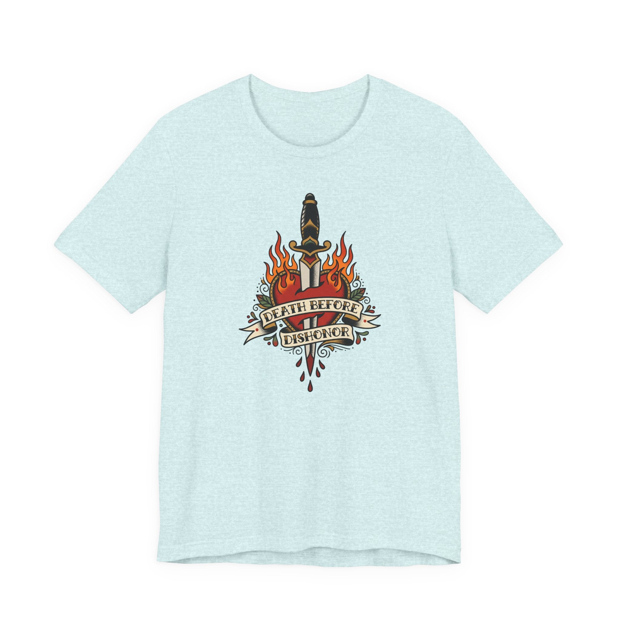 Light blue crewneck T-shirt with flame dagger graphic on front