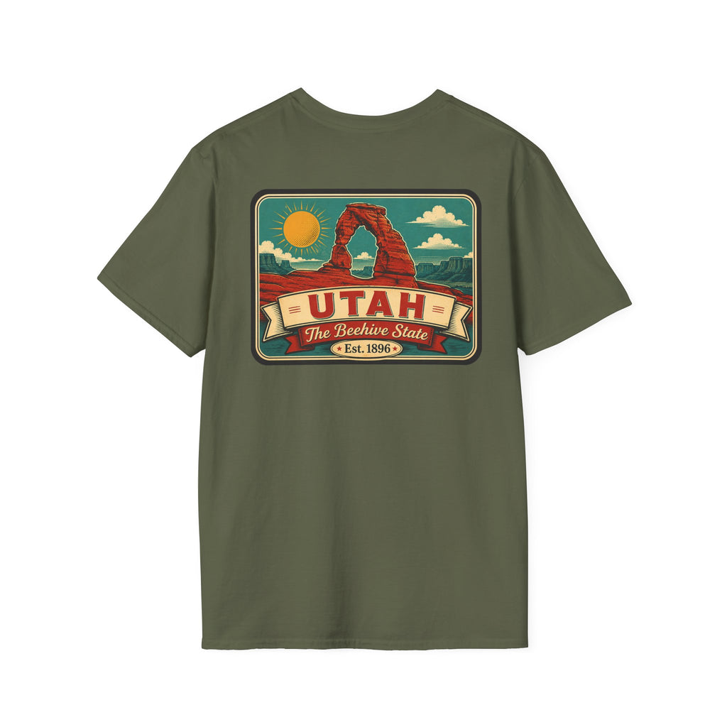 Olive crewneck T-shirt with Utah travel badge graphic on the front