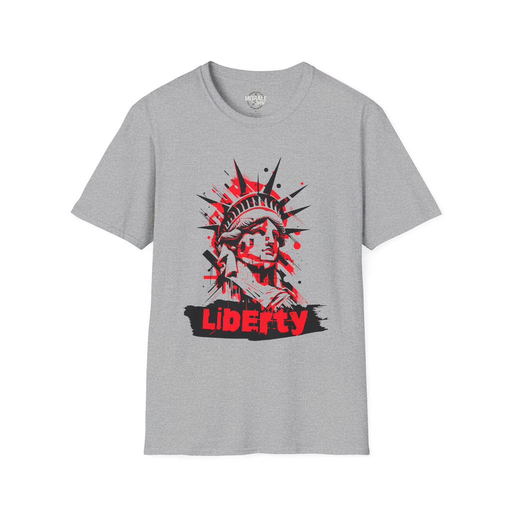 Liberty Statue graphic T-shirt, sport grey; red-and-black “Liberty” chest graphic