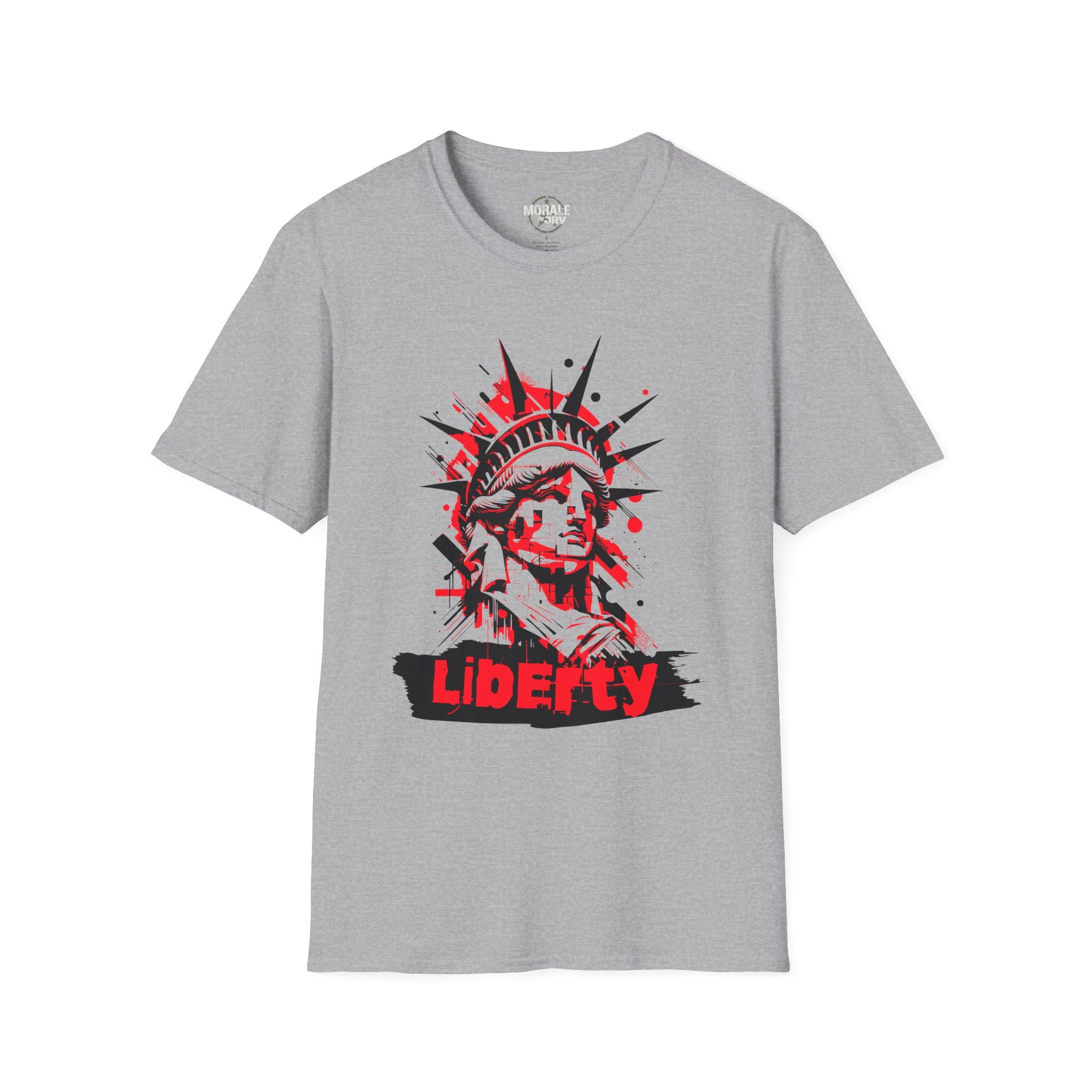 Liberty Statue graphic T-shirt, sport grey; red-and-black “Liberty” chest graphic
