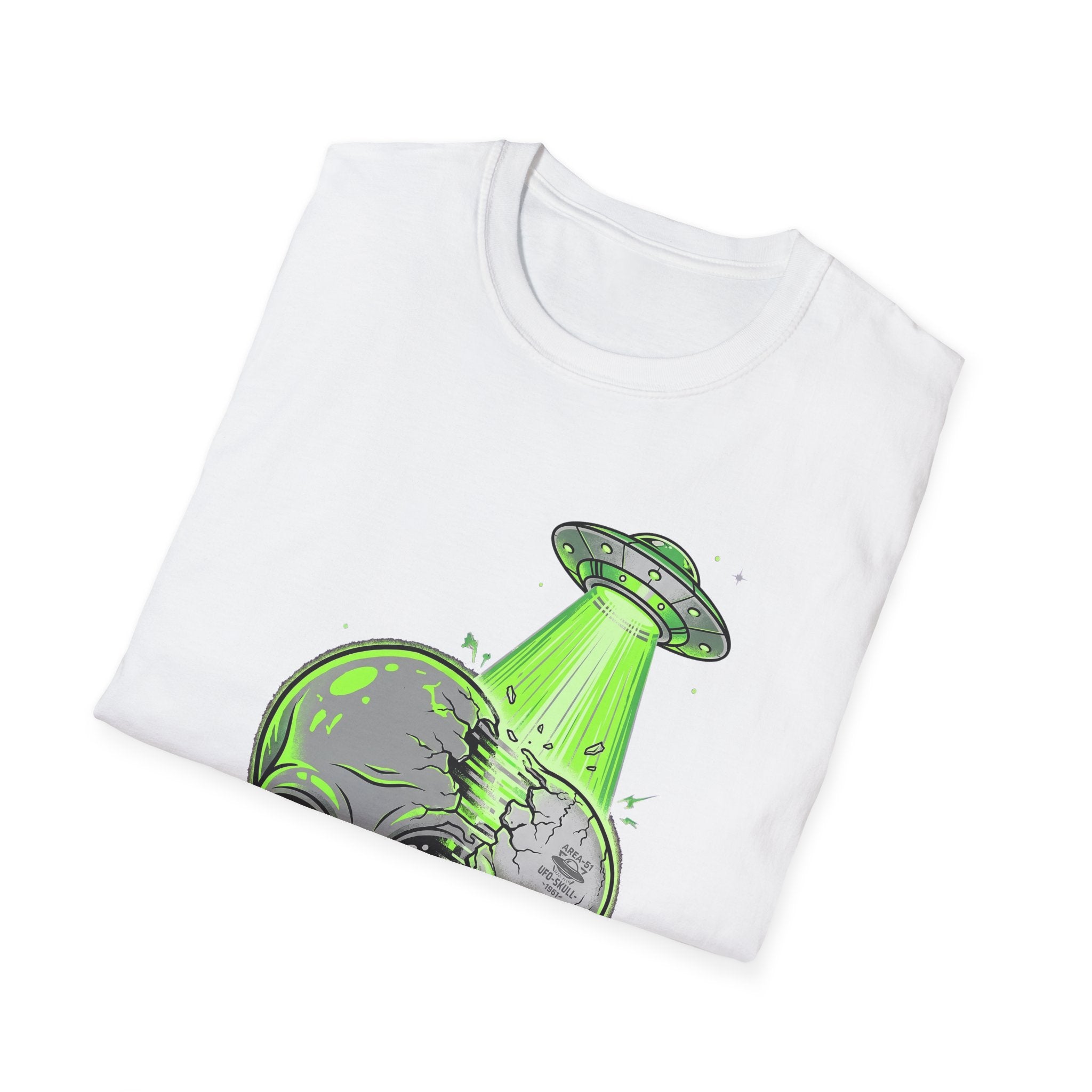Alien & Skull T-Shirt, white, green alien UFO tractor beam graphic on chest