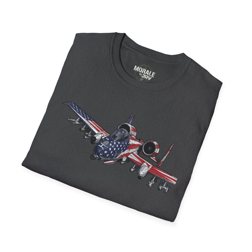 Dark Heather A-10 Warthog T-shirt, jet graphic with U.S. flag