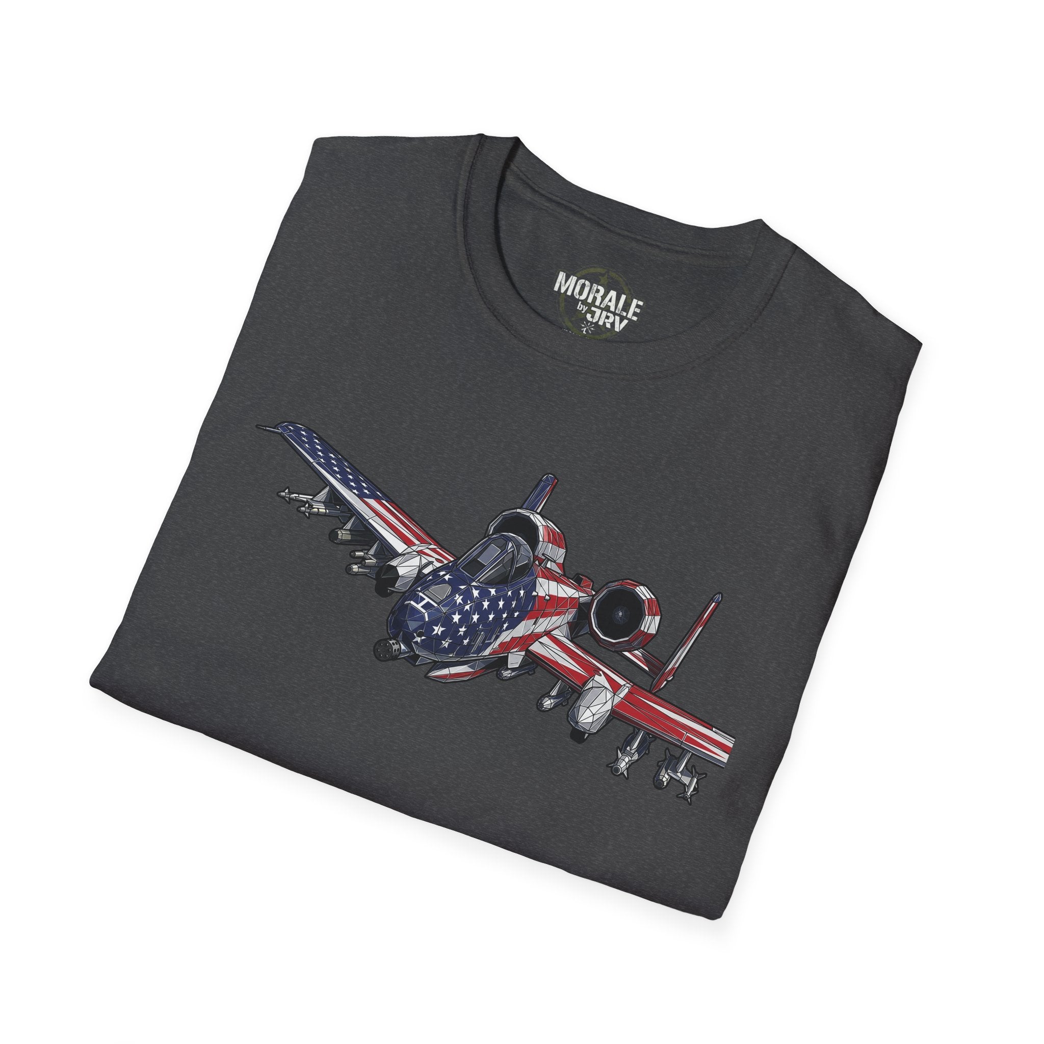 Dark Heather A-10 Warthog T-shirt, jet graphic with U.S. flag