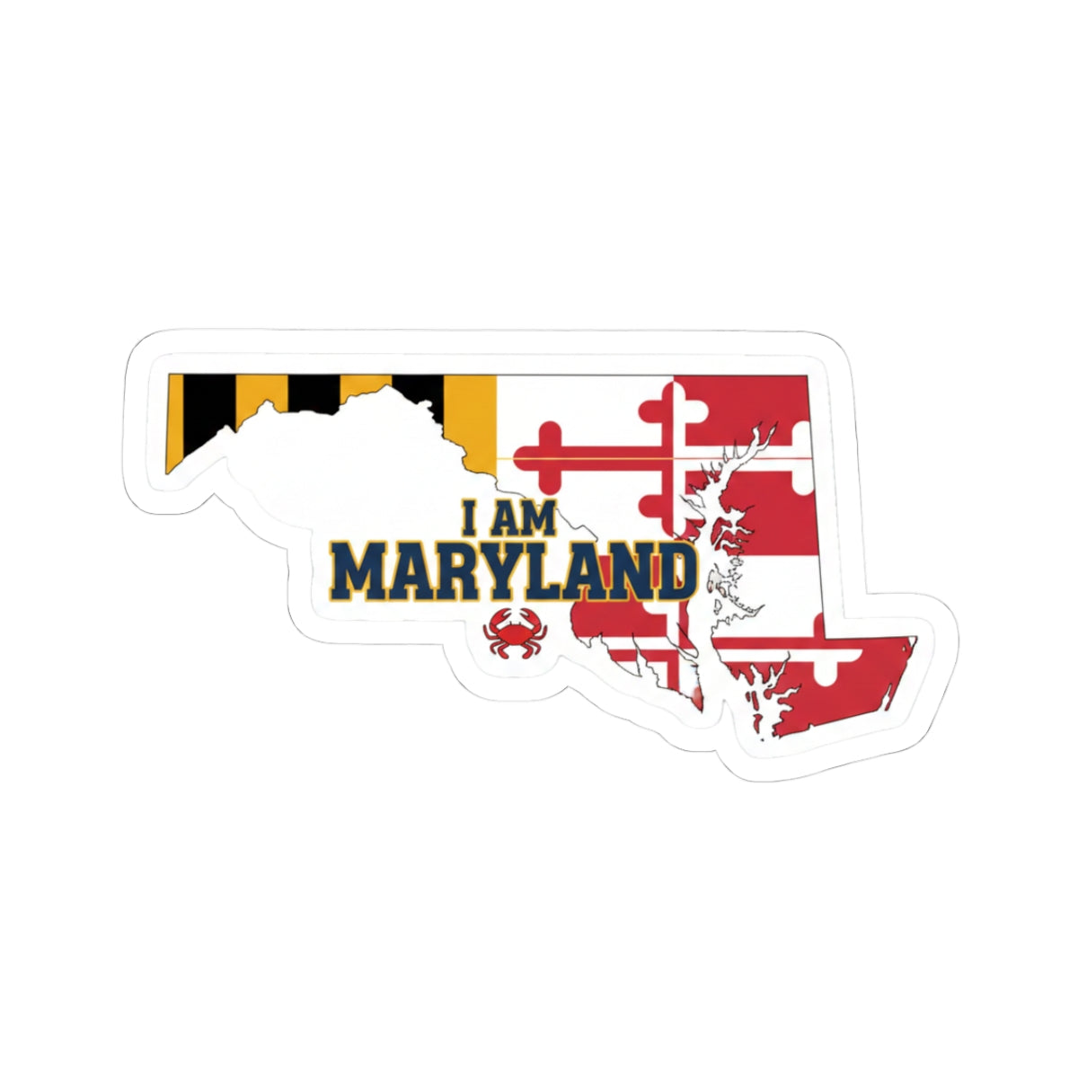 I AM MARYLAND sticker with state silhouette, red cross, crab and 'MARYLAND' text