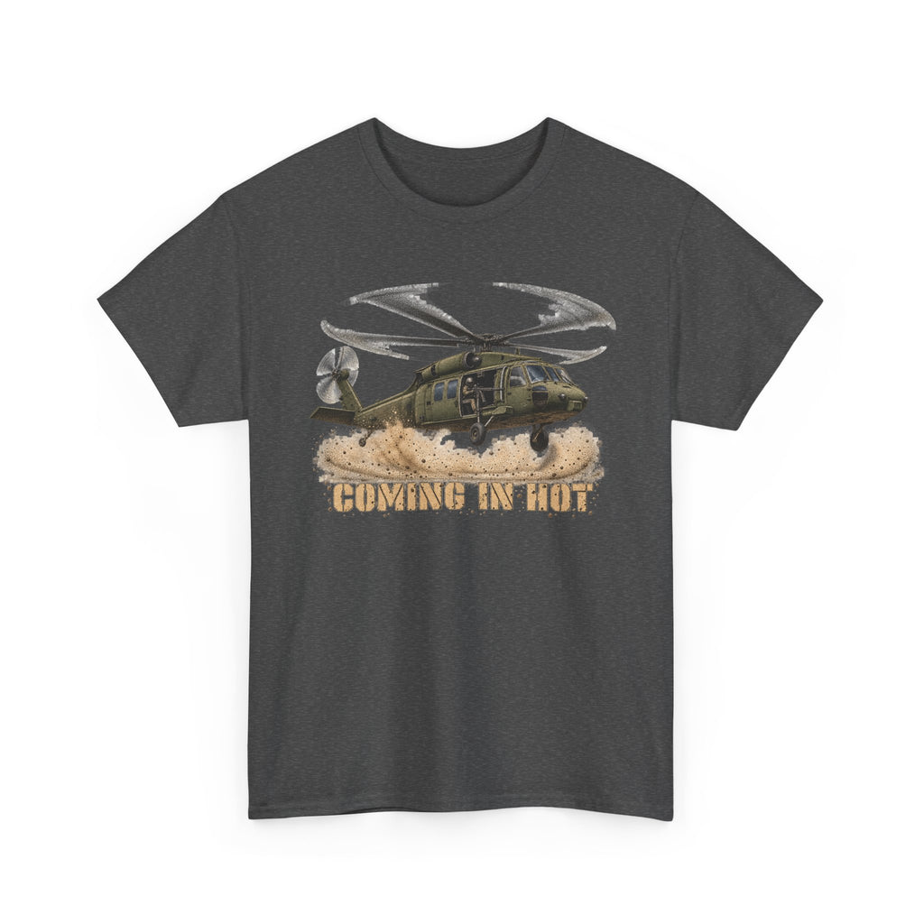 Dark gray crewneck T-shirt with helicopter graphic print
